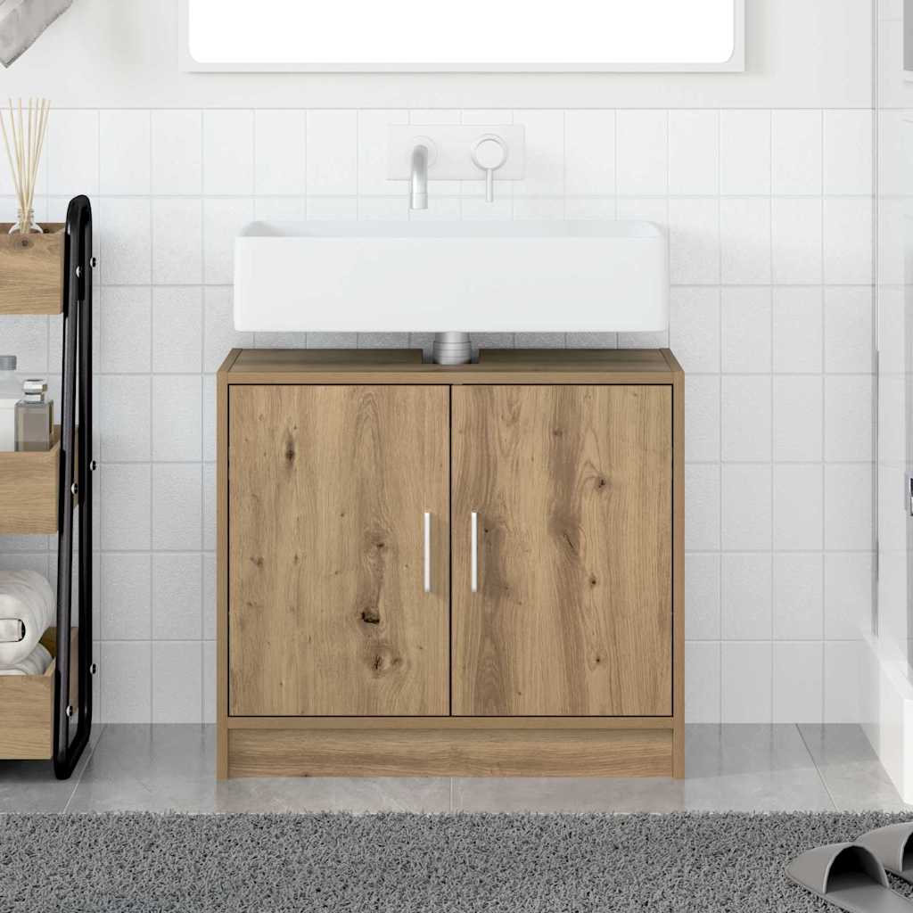 Image of Vidaxl Wooden Sink Cabinet Solid Oak 63x29x55 Cm Wood Material Indoor Bathroom Storage With Hinged Doors Rods Furniture Solution Medium-sized Stylish Organizers For Adults