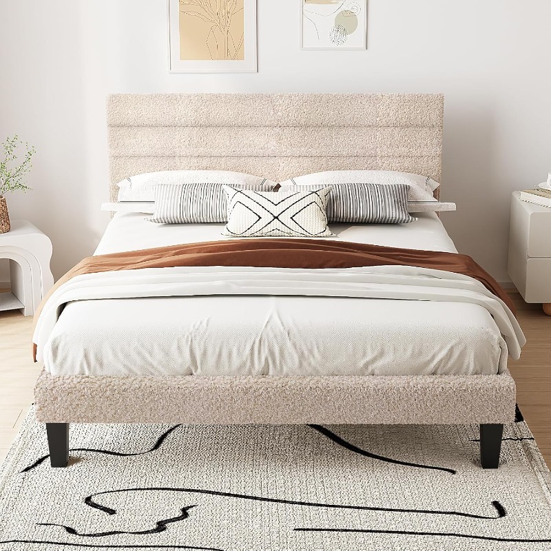 TEMU Bonnlo Lit 140x200 avec Sommier, Lit Double, Tête de Lit Tapissier, Montage Facile, Tissu Bouclé, Blanc Cassé, Foncé