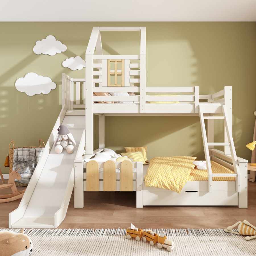 Bunk Beds for Kids, Wooden Cabin Bed with Ladder and Slide, Multi-functional Tree-house Bed, Children's House Bed, Twin Sleeper (90+135) x 190 cm, Solid Wood, White