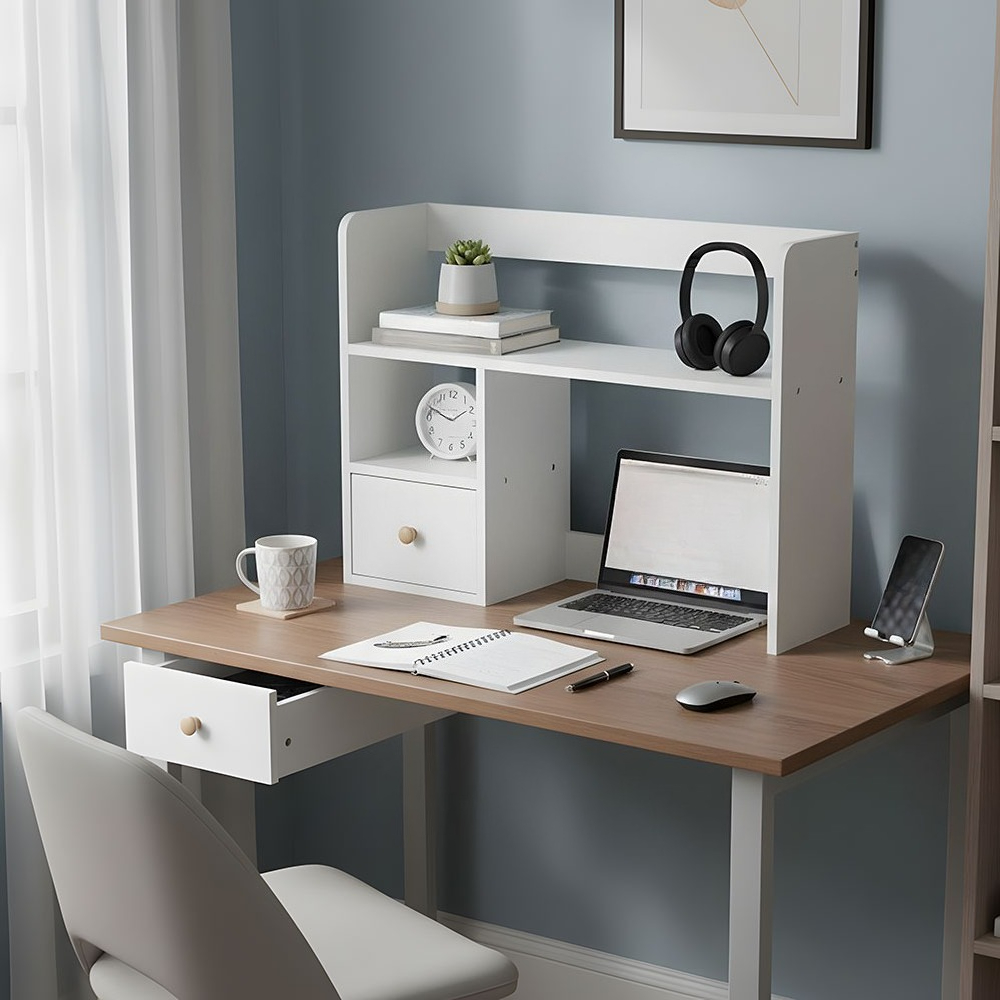 TEMU Life Ideas 1pc Desk Bookshelf With Drawer - White Office Desk Organizer, Storage & Display Shelf For Home Decor, Compact Bookshelf