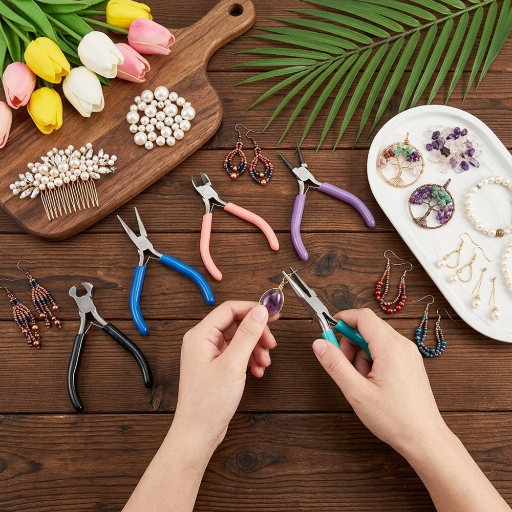 TEMU 5pcs Jewelry Pliers Set, Making Tools Kit With Round Nose, Bent Nose, Spring Pliers, Wire Cutters & Opener For Earrings, Bracelets & Necklaces