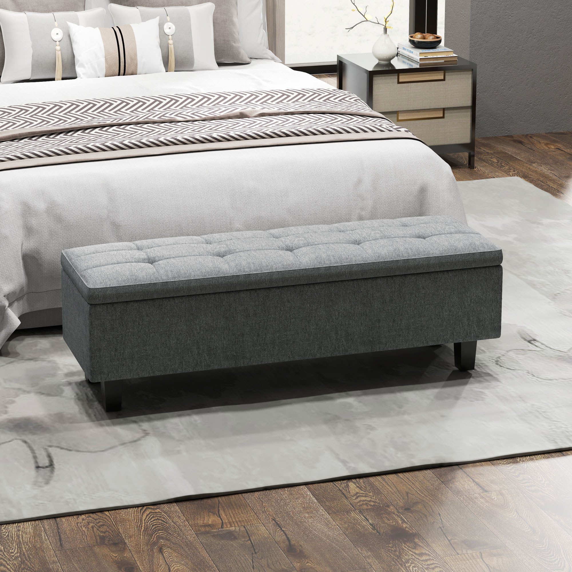 Image of Bench With Storage, Upholstered Bench With Linen Look, Wooden Legs, Modern Daybed Bench For Hallway, Bedroom, Living Room, 138 X 40 X , Dark Grey