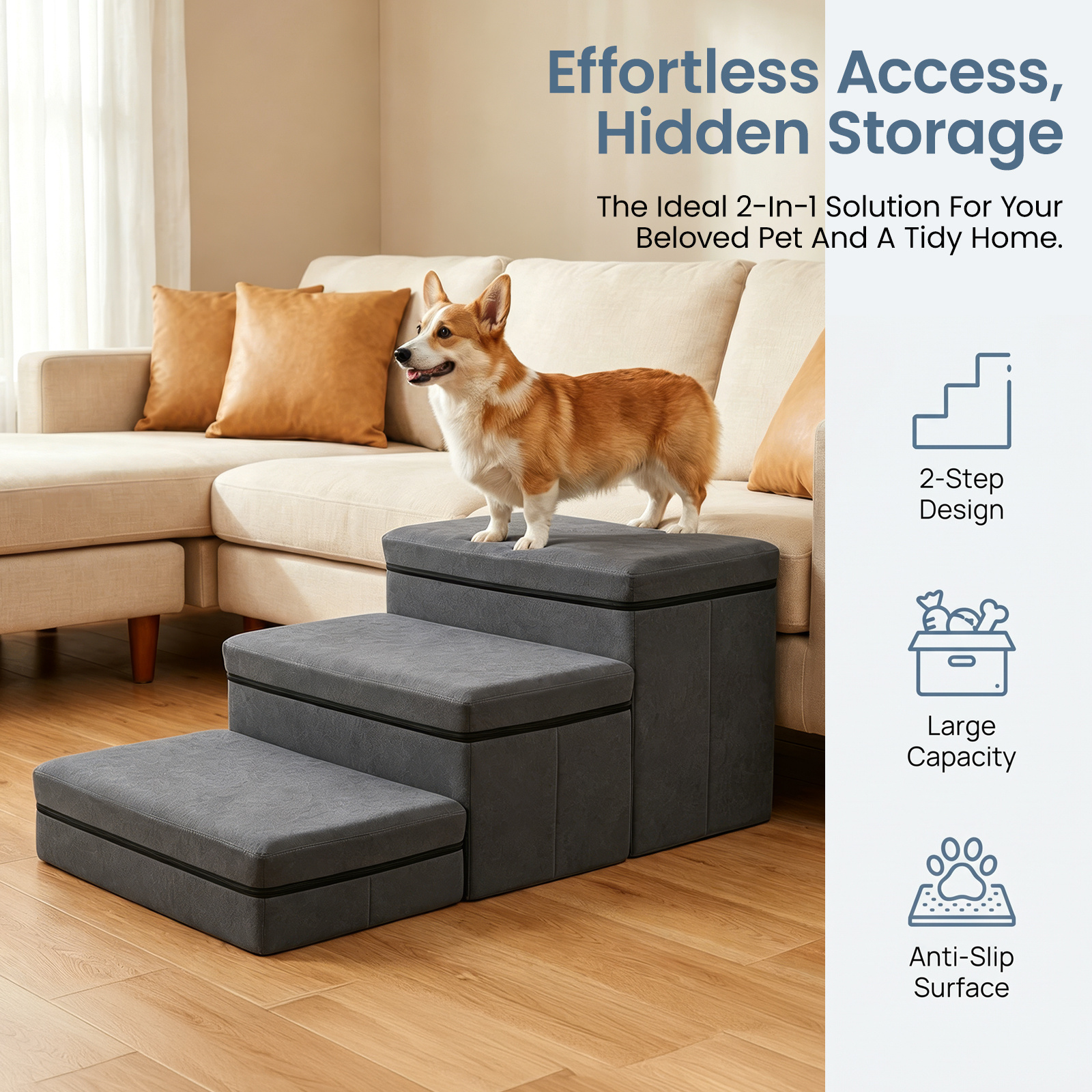 Dog Stairs with Storage, Foldable Pet Steps for Bed and Sofa