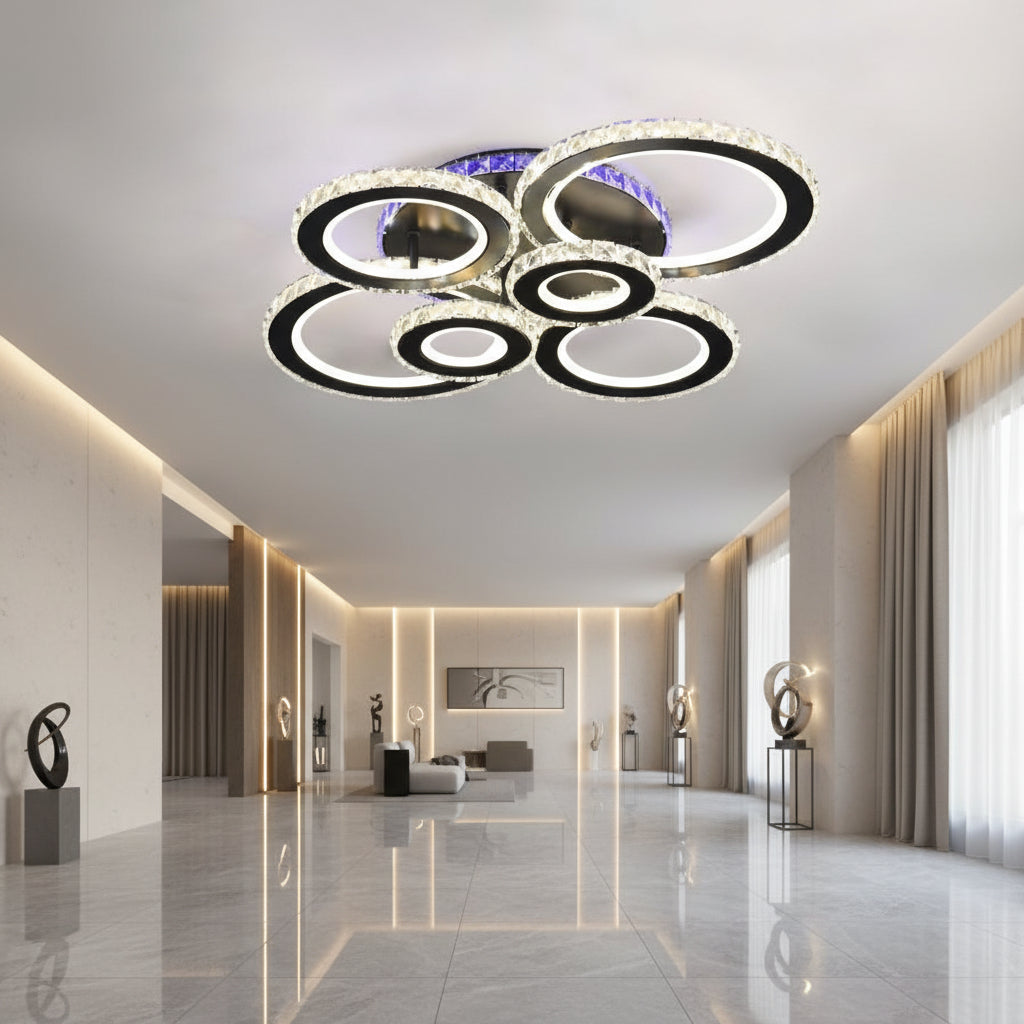 TEMU 2-year Warranty Lustra Led With Remote Control And Rgb Crystal 154w, 6 Circles, Cool/warm/neutral Light, Dimmable, Black, Diameter 90 Cm,