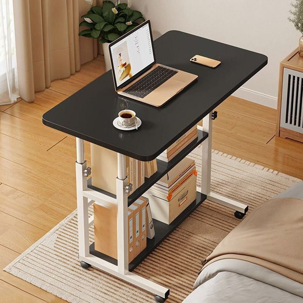 TEMU Moible Laptop Desk With 2-tier Shelves, Home Dormitory Multi-functional Working Desk, Height-adjustable Sofa Side Table On Wheels, Rolling