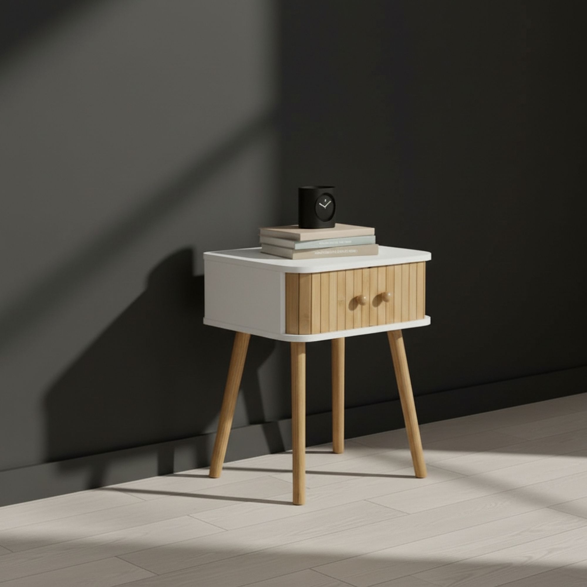 | White Nightstand With Bamboo Doors, 40x30x47 Cm, Nordic Style Bedroom Side Table, Compact Wooden Accent Table, Wooden Nightstands For Living Room And Bedroom