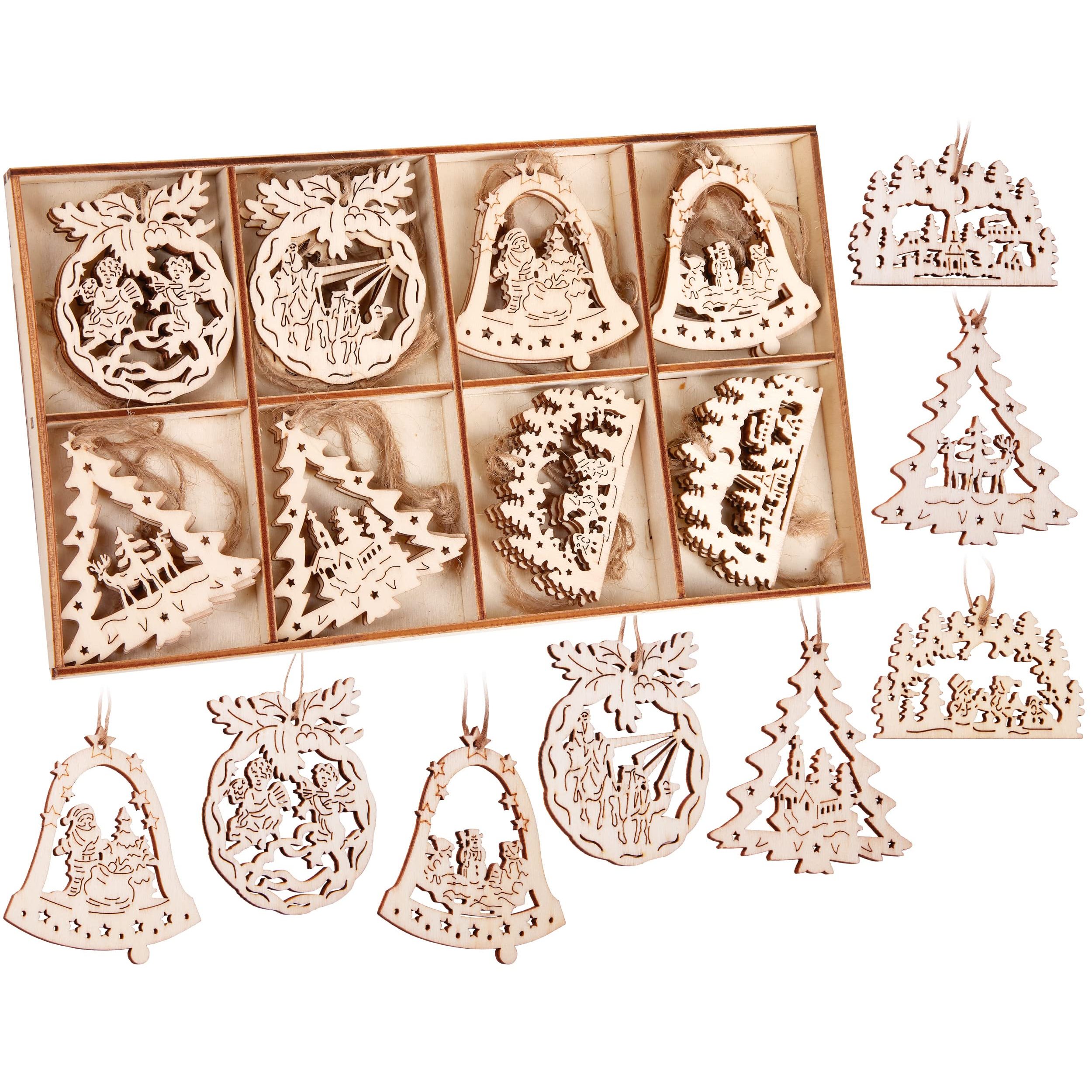 Image of Brubaker 24-piece Christmas Ornament Set - Wooden Tree Decorations . 6 Cm - Bells Christmas Tree - Christmas Decorative Hangers - Wooden Christmas Tree Ornaments - Christmas Tree Decor