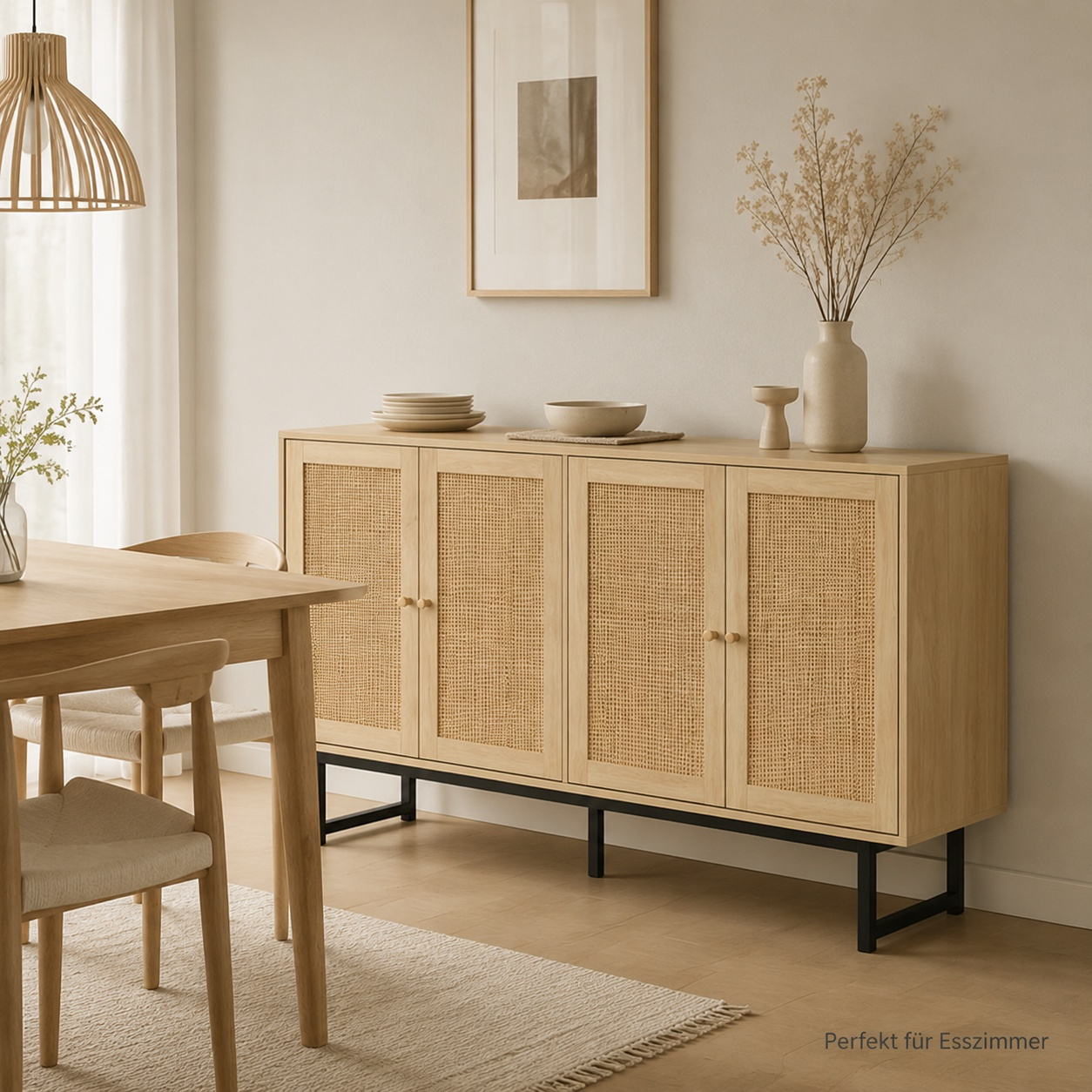 Image of Sideboard With Real Rattan, , Wooden-look Cabinet For Living Room Dining Room, 140x39.5x80 Cm Width