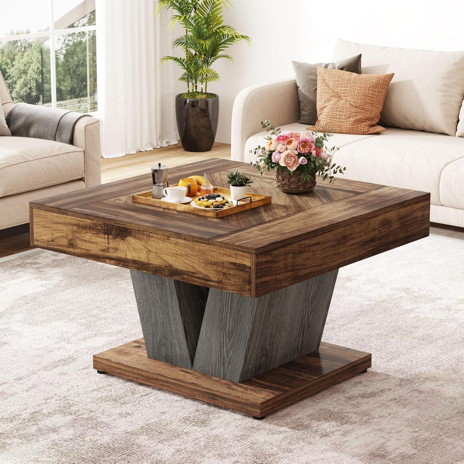 Coffee Table, Farmhouse Wood Center Table For Living Room, 80cm Vintage Cocktail Tea Accent Table, Rustic Brown And Black