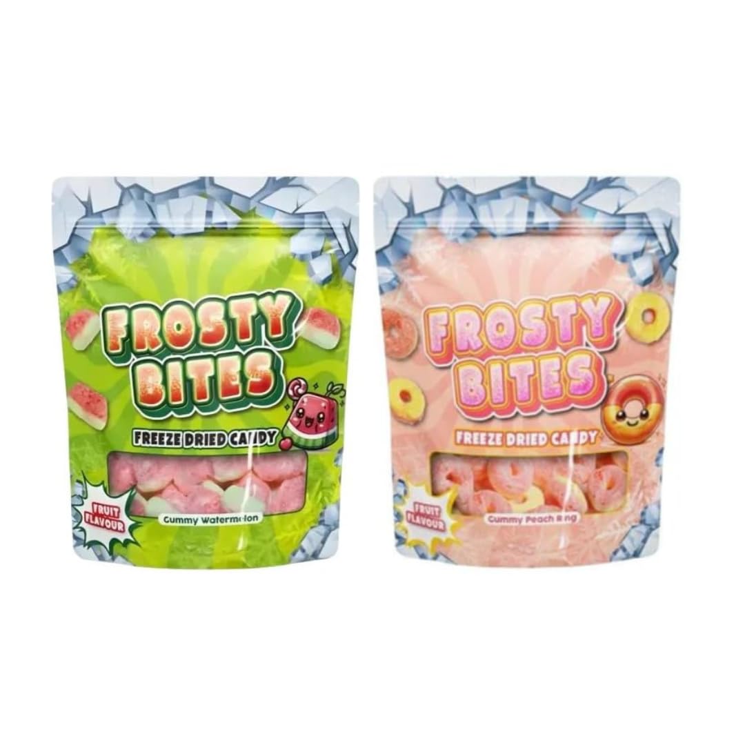 E-shop 2er- Frosty Bites Fruchtgummi – Wassermelone & Pfirsich mit eisigem Cooling-Effekt– Perfekt für unterwegs & Partys – 2 x 50g Packung