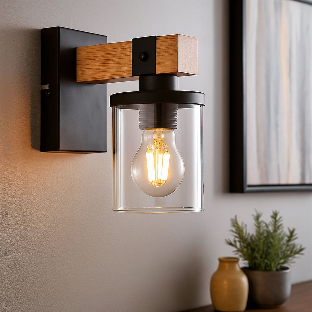 Image of Wall Lamp, Living Room Light, Hallway Light, Smoke-colored Wood, Metal, Glass, 1x E27, Wxh 10x22.5 Cm