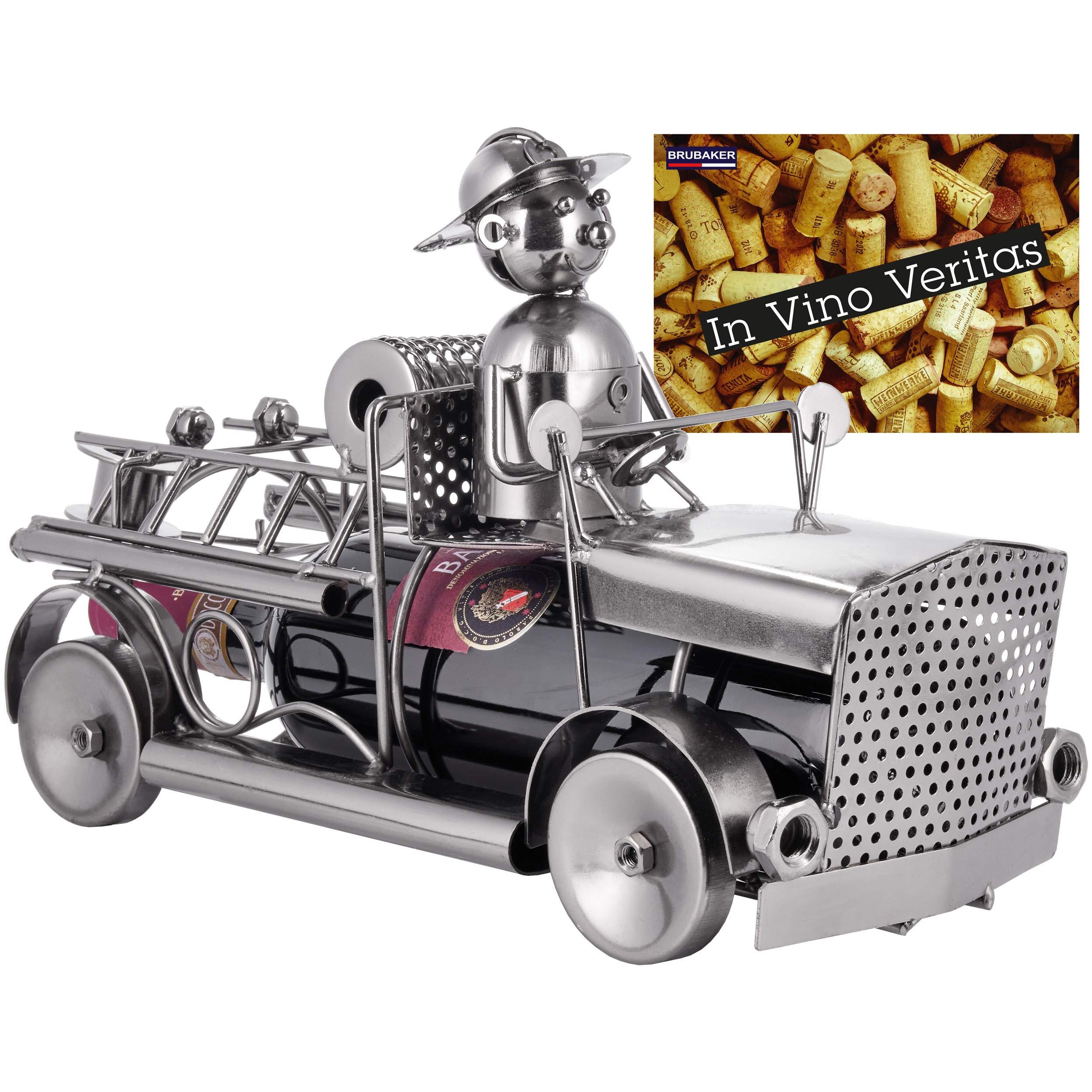 Image of Brubaker Firefighter Wine Bottle Holder - Fire Truck Metal Sculpture Bottle Stand - 32 Cm Metal Figure Wine Gift For Firefighters And Firewomen - With Greeting Card