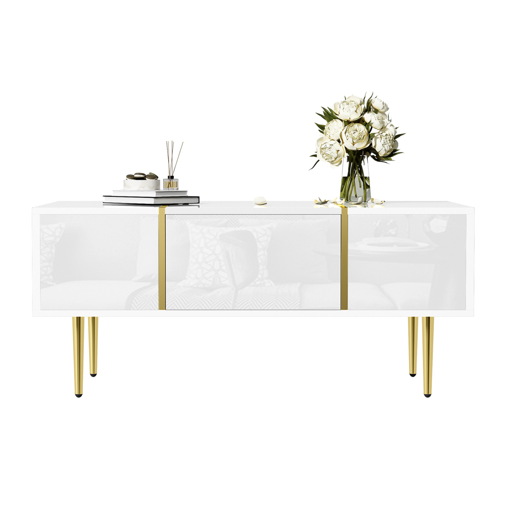 Image of Modern Coffee Table In White High-gloss Finish With Golden Metal Accents, 2 Spacious Drawers, Dimensions 100×60×41.5 Cm, 19.5 Cm Clearance For Robot Vacuums, Easy To Clean And Scratch-resistant