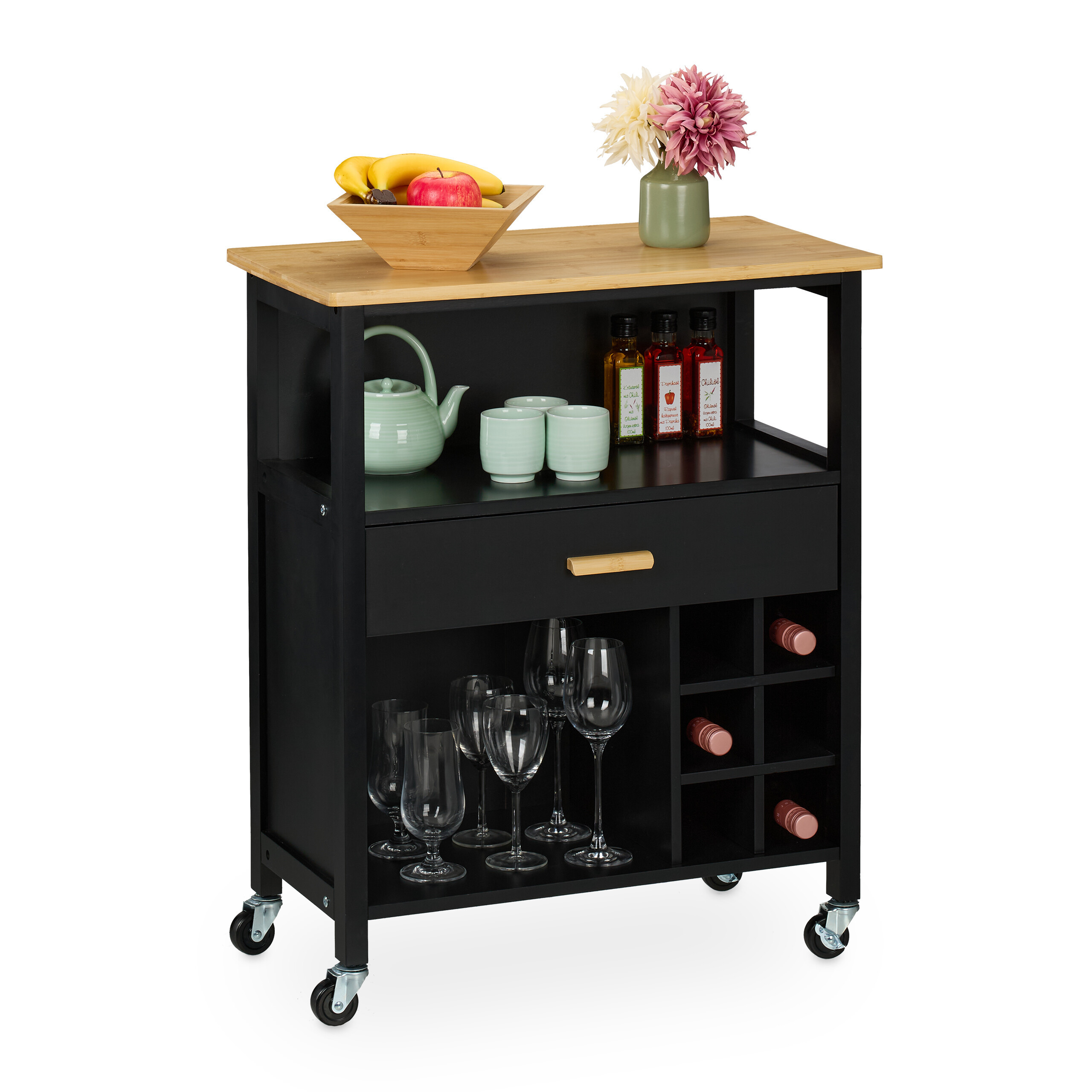 Kitchen Cart In Black/natural - (w)65 X (h)80 X (d)35 Cm