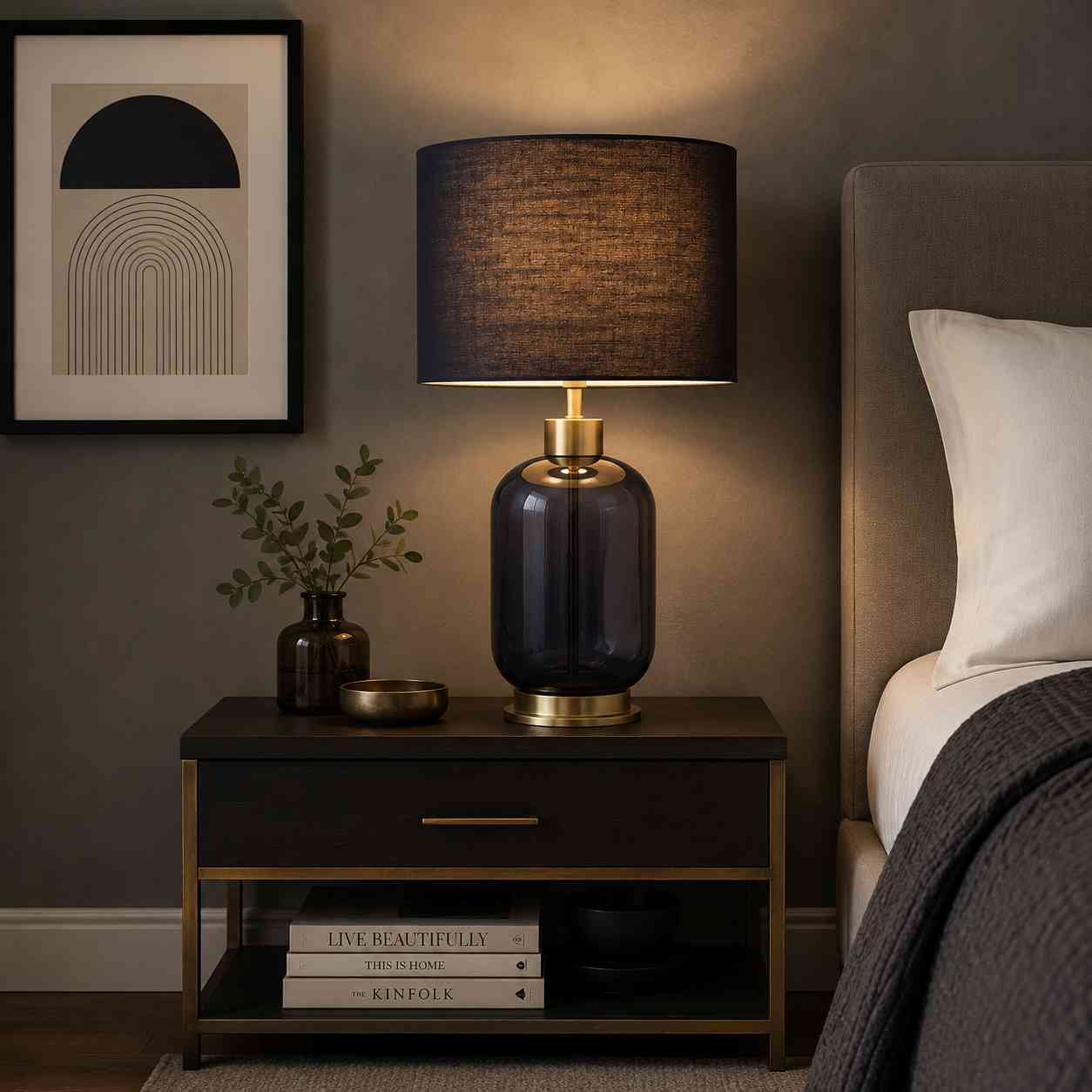 TEMU Blue Glass And Satin Brass Base Table Lamp, Navy Fabric Drum Shade Bedside Lamp, Luxury Accent Desk Light With Black Inline Switch For Bedroom,