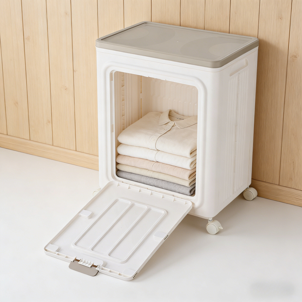 Collapsible Plastic Storage Bin with Dual Access Doors and Wheels