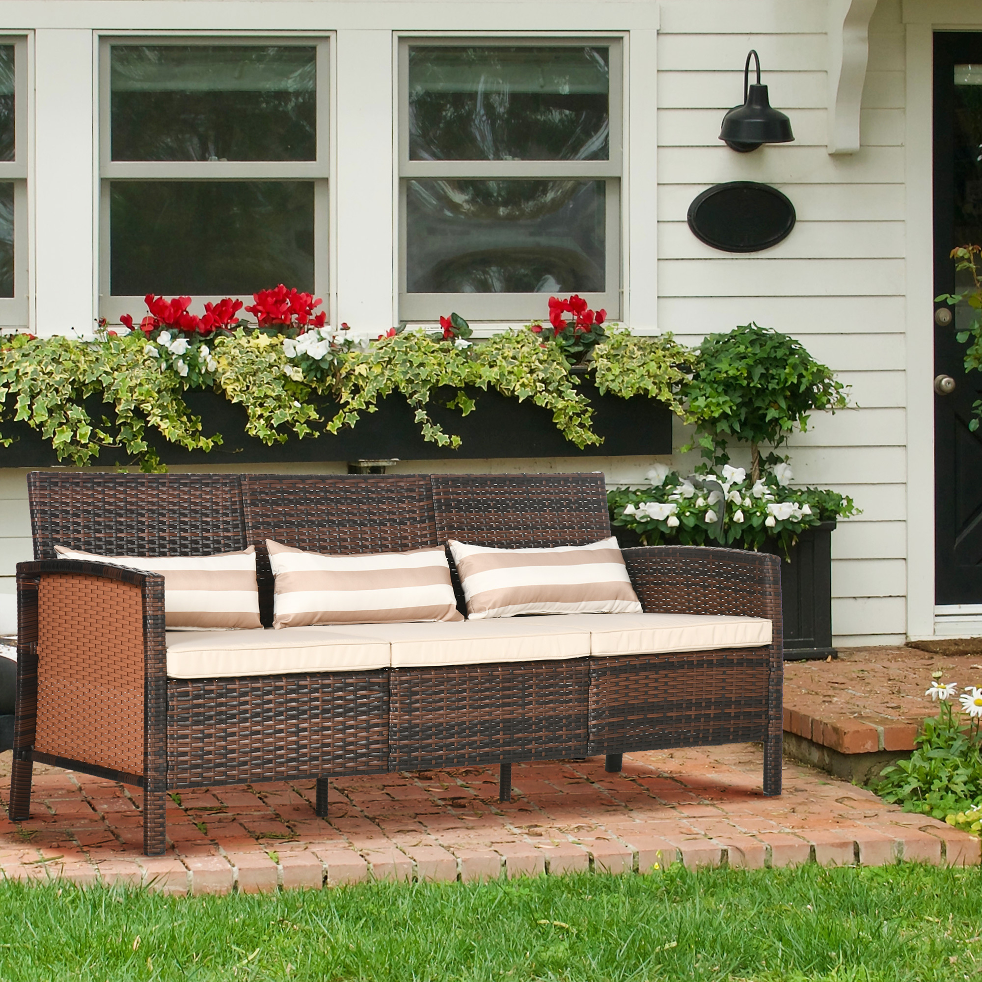 Rattan Sofa With Cushions, Three-seater, Garden Lounge Sofa, Steel, 173 X 68 X 78 Cm