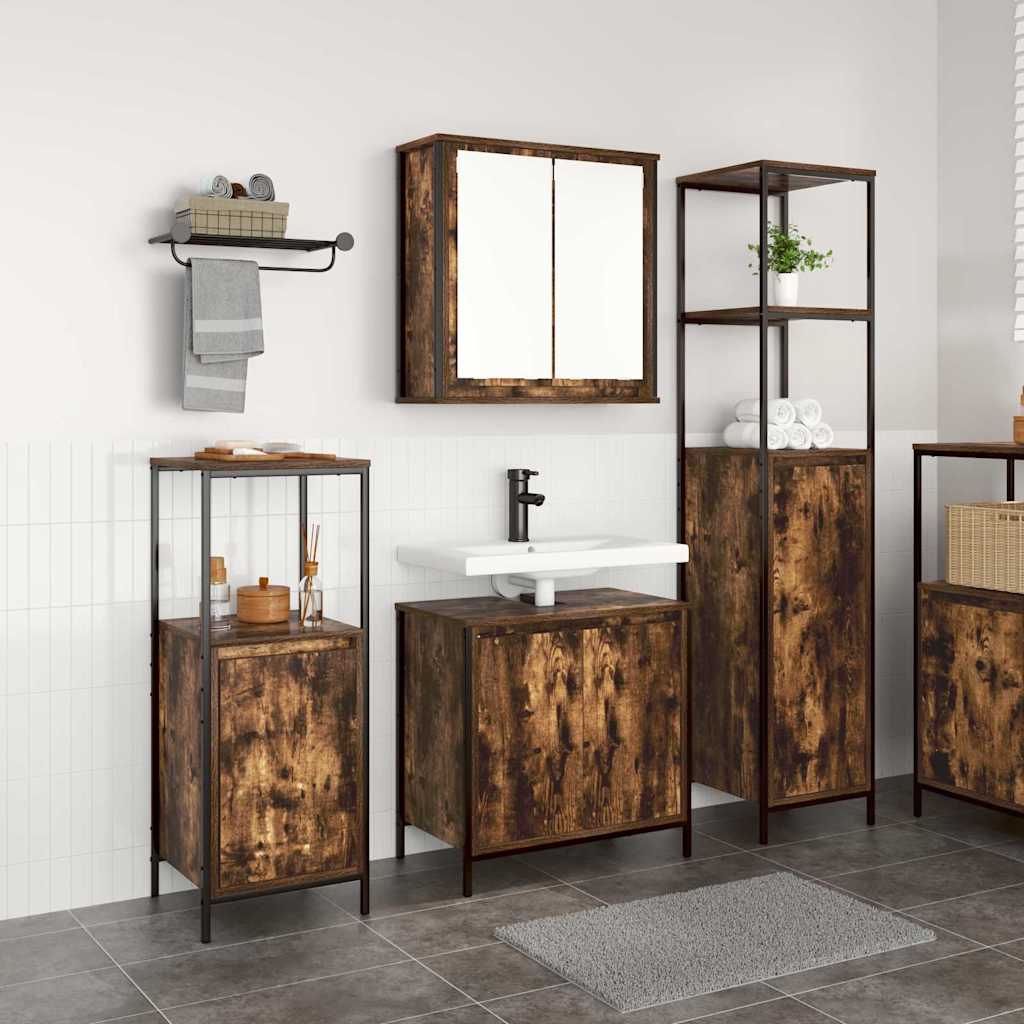 Image of Vidaxl Modern Bathroom Cabinet Set In Smoked Oak With Sink And 2 High Cabinets, Of Storage Solutions, Chipboard And Steel For Inside, Freestanding Shelves In The Bathroom