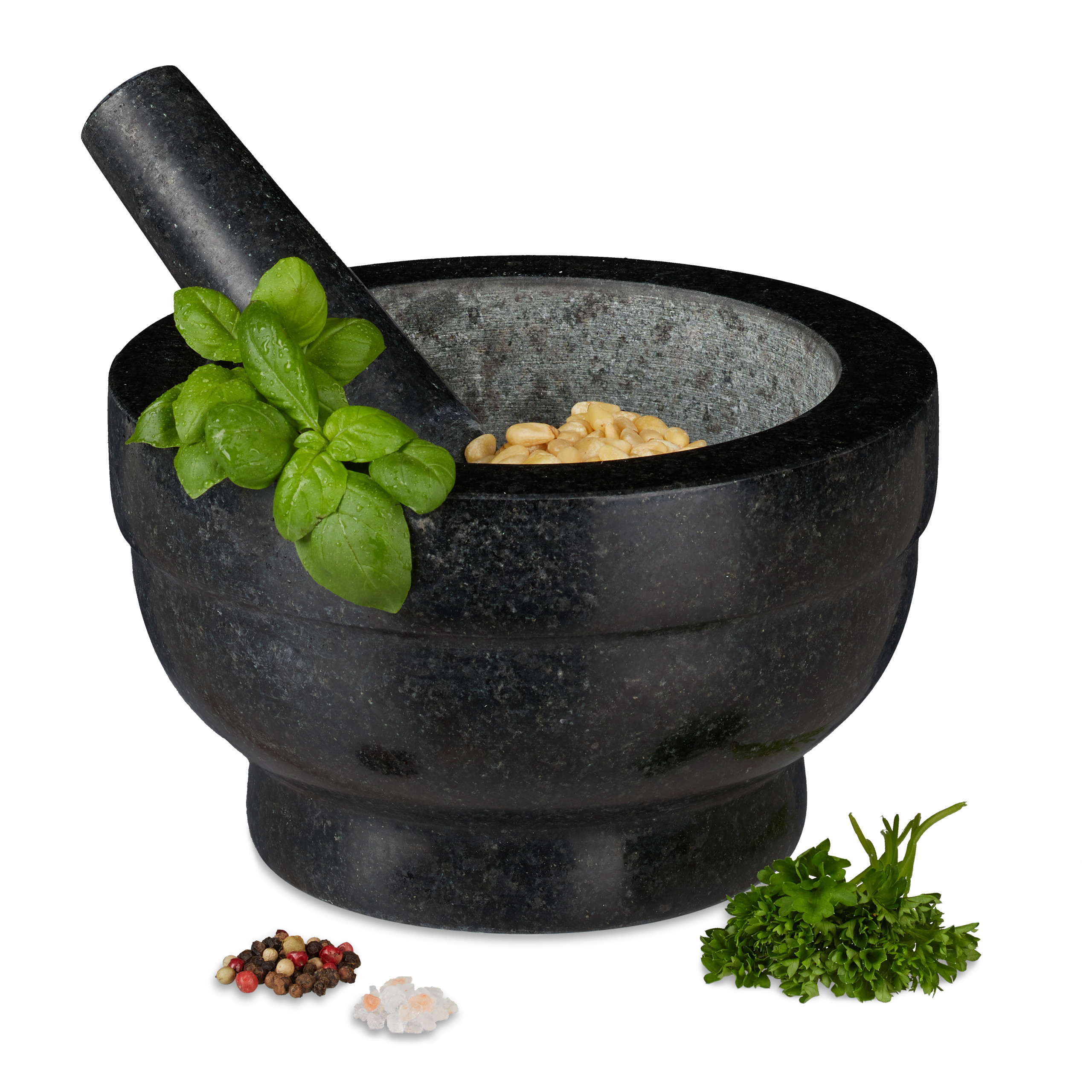 TEMU Mortar In Granite, 12 X 20 Cm, Pestle 19 X 4.5 Cm, Capacity 1 L, 5.6 Kg, Natural Black And Grey Stone, Glossy Surface, Rough Grinding Areas, For