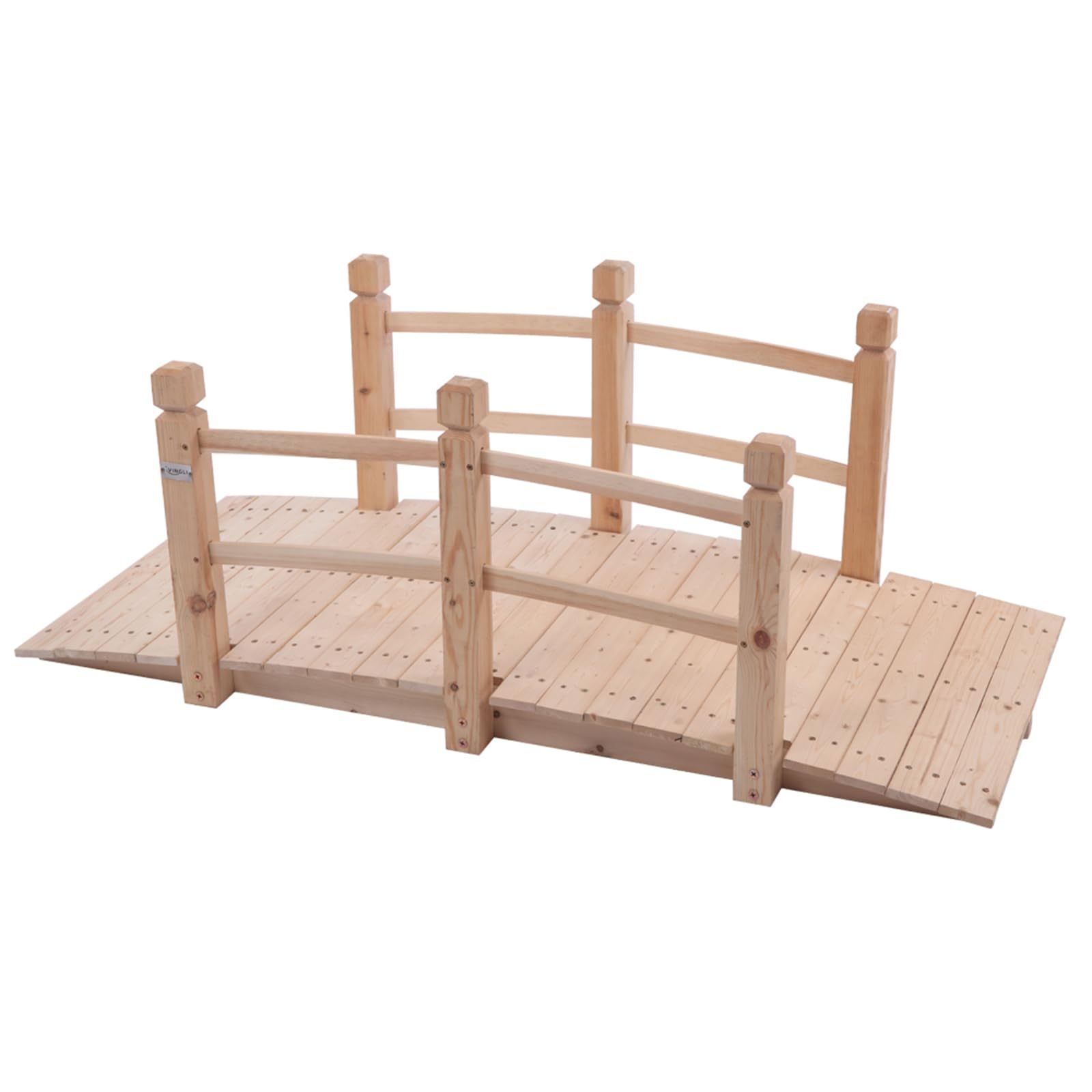 Image of Wooden Bridge, With Railing, Weather-resistant Wooden Bridge For Garden, Pond And Stream, Natural , 150x67x56 Cm