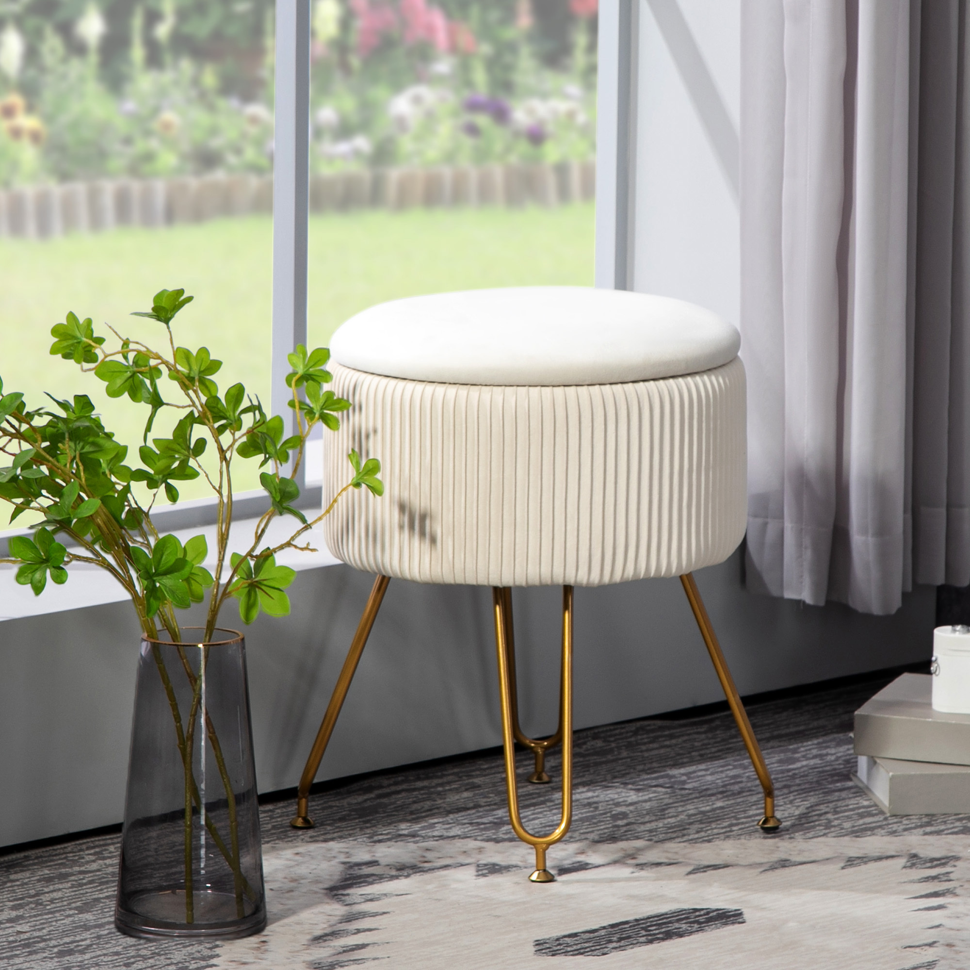Image of 2-in-1 Round Stool With Storage, Footstool, Side Table, Upholstered Stool With Velvet Look, Steel Legs Ø40 X 48 Cm, Cream White