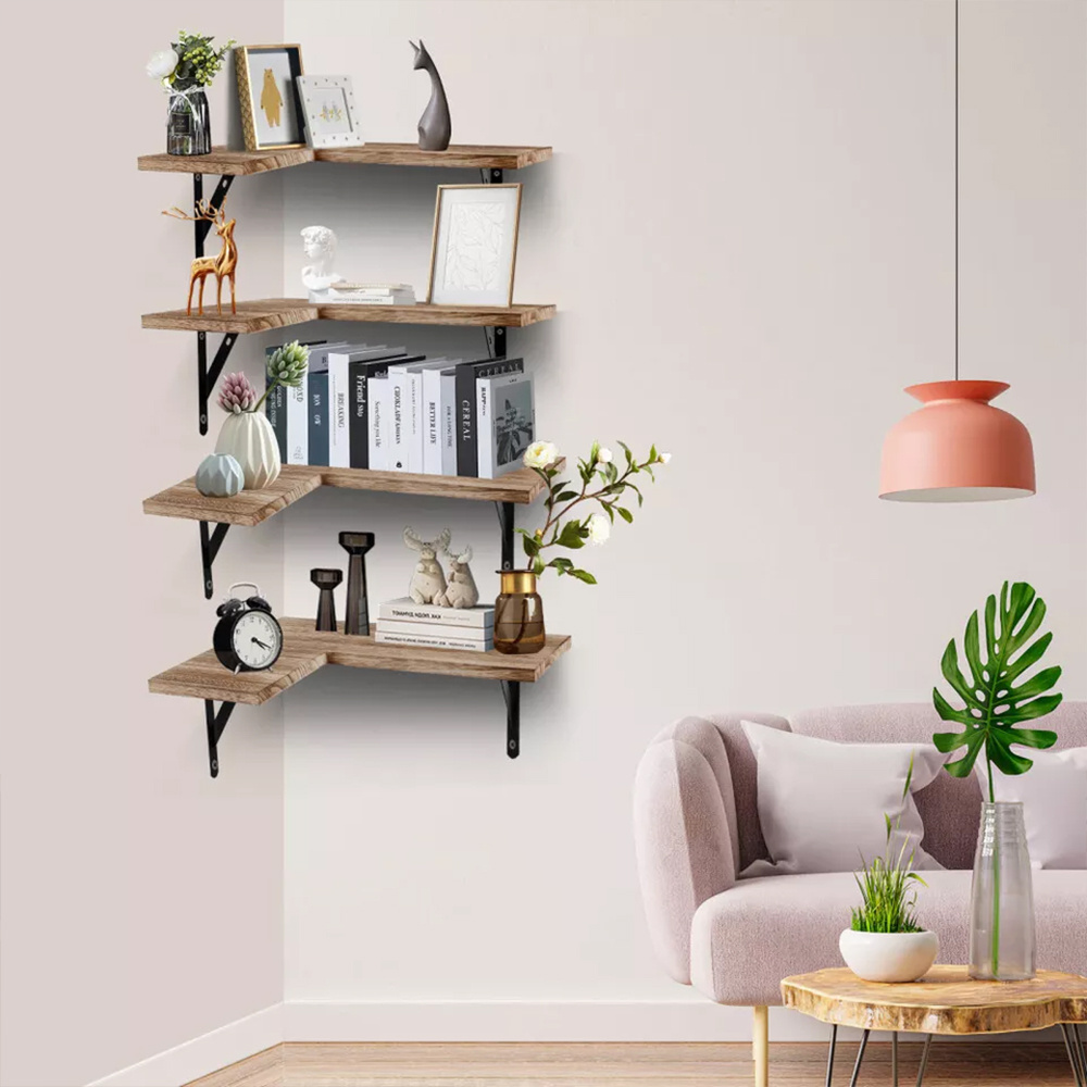 4pcs Corner Floating Shelves, Wall Mounted Corner Shelf, Rustic Wood Wall Shelves For Bathroom, Kitchen, Bedroom Or…: retailer-supplied image