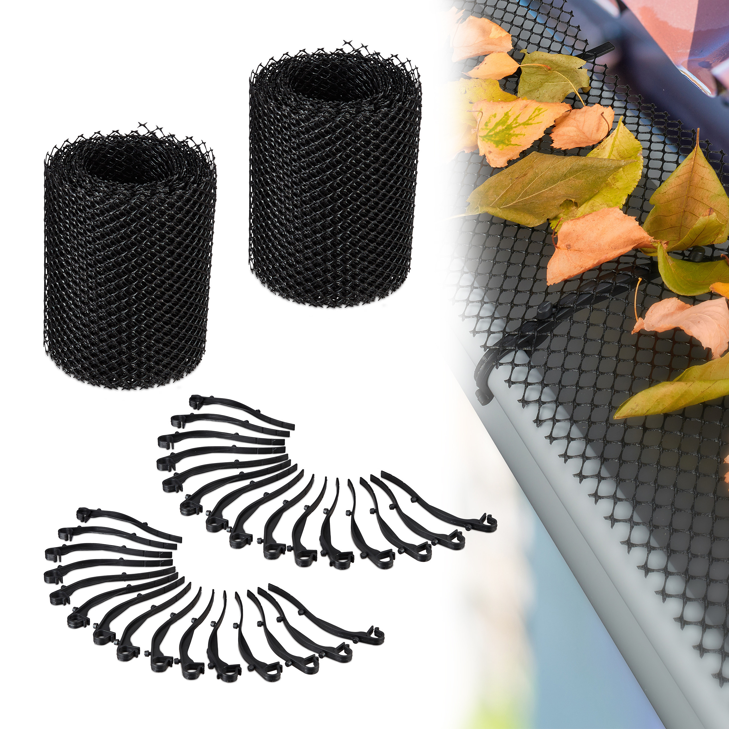 TEMU Dachrinnenschutzgitter schwarz, 2er Set, je 600 x 15 x 0.1 cm, Kunststoff PP, Gesamtlänge , 30 Befestigungshaken, zuschneidbar, für Dachrinnen