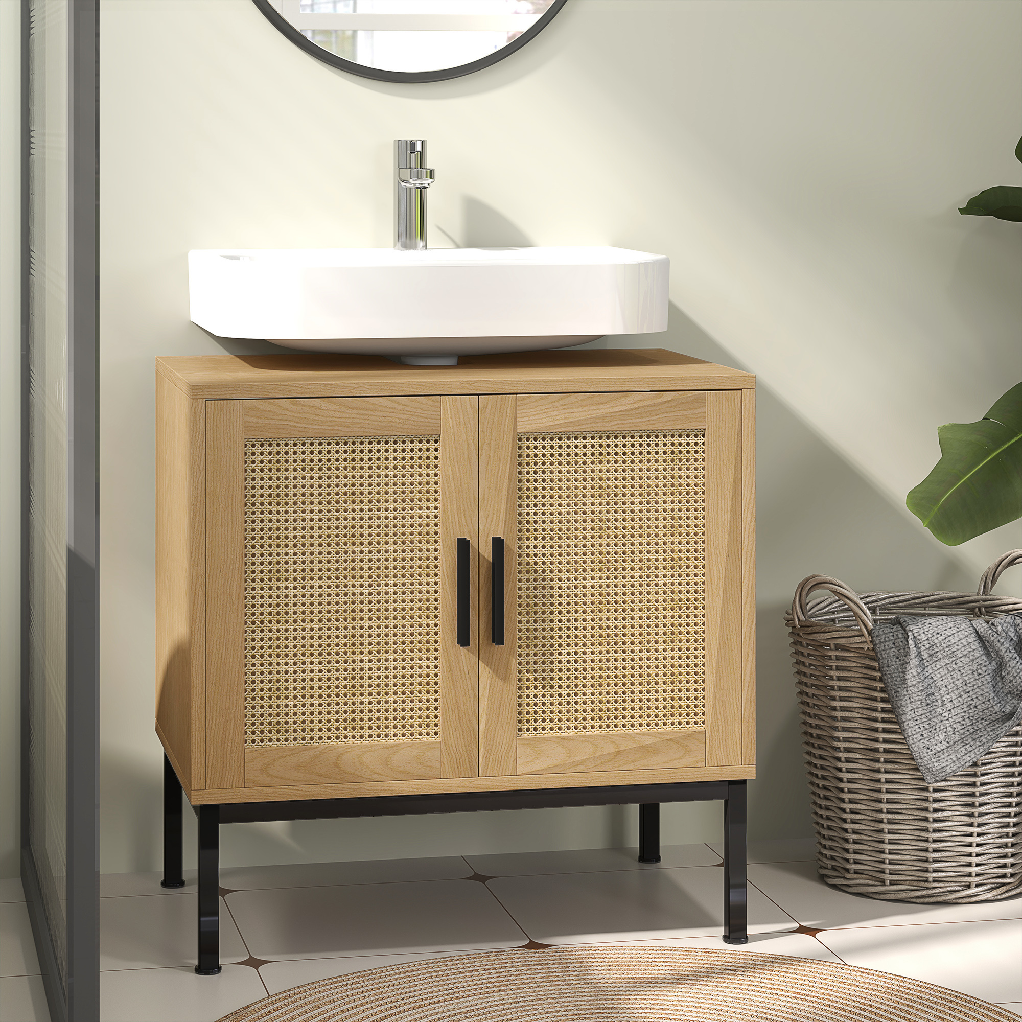 Kleankin Under-sink Cabinet With Storage Compartment, Rattan-look Vanity Cabinet, Bathroom Cabinet, Oak, 60 X 39 X 60 Cm