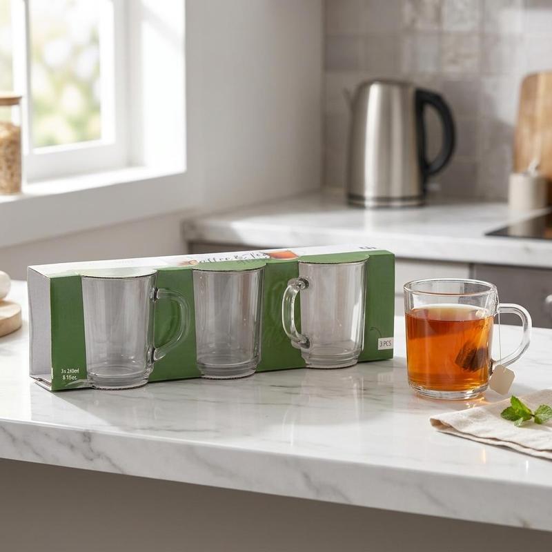 TEMU Set Of 3 Clear Glass Coffee And Tea Mugs 240ml 9x7.5cm Durable Transparent Glassware For Hot Beverages Everyday Home Kitchen And Casual Table