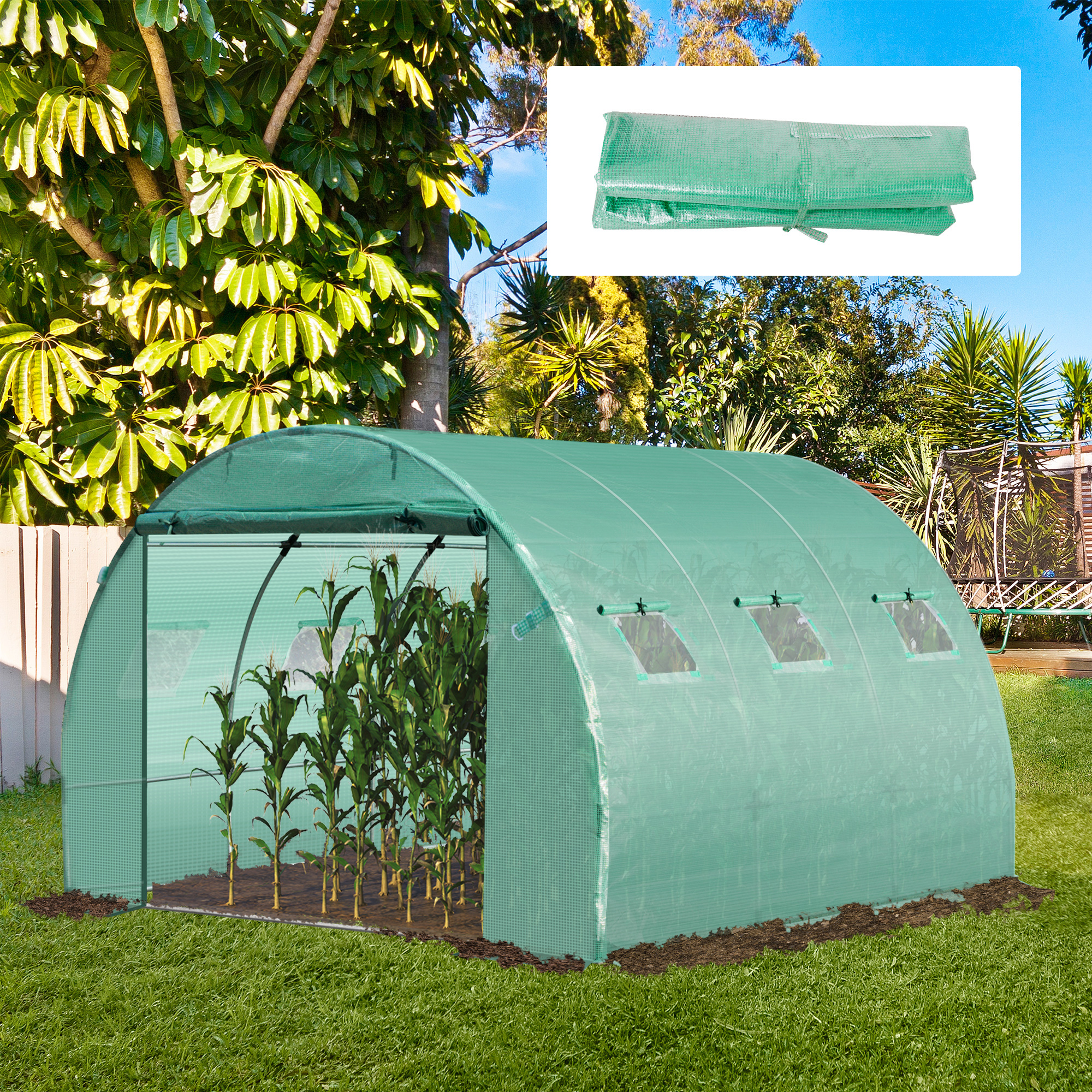 Greenhouse Film 3 X 3 M, Waterproof Polyethylene Film With Roll-up Door, 6 Windows, Uv Protection, Tear-resistant Garden Film Cover For Tunnel Greenhouses, Gardening, Tunnel Film (film Only) Green