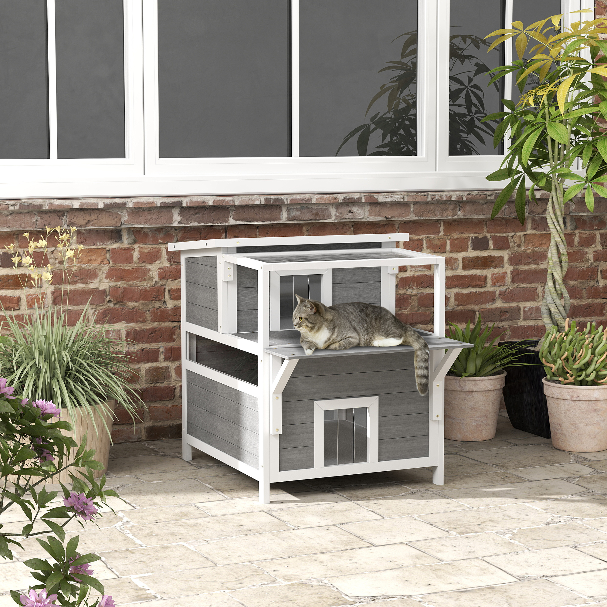 TEMU Casa per Pawhut a 2 piani con balcone, per resistente alle intemperie con porta, , pannello e rimovibili, 25" x 34" x 30" (64 x 87 x 76 cm),