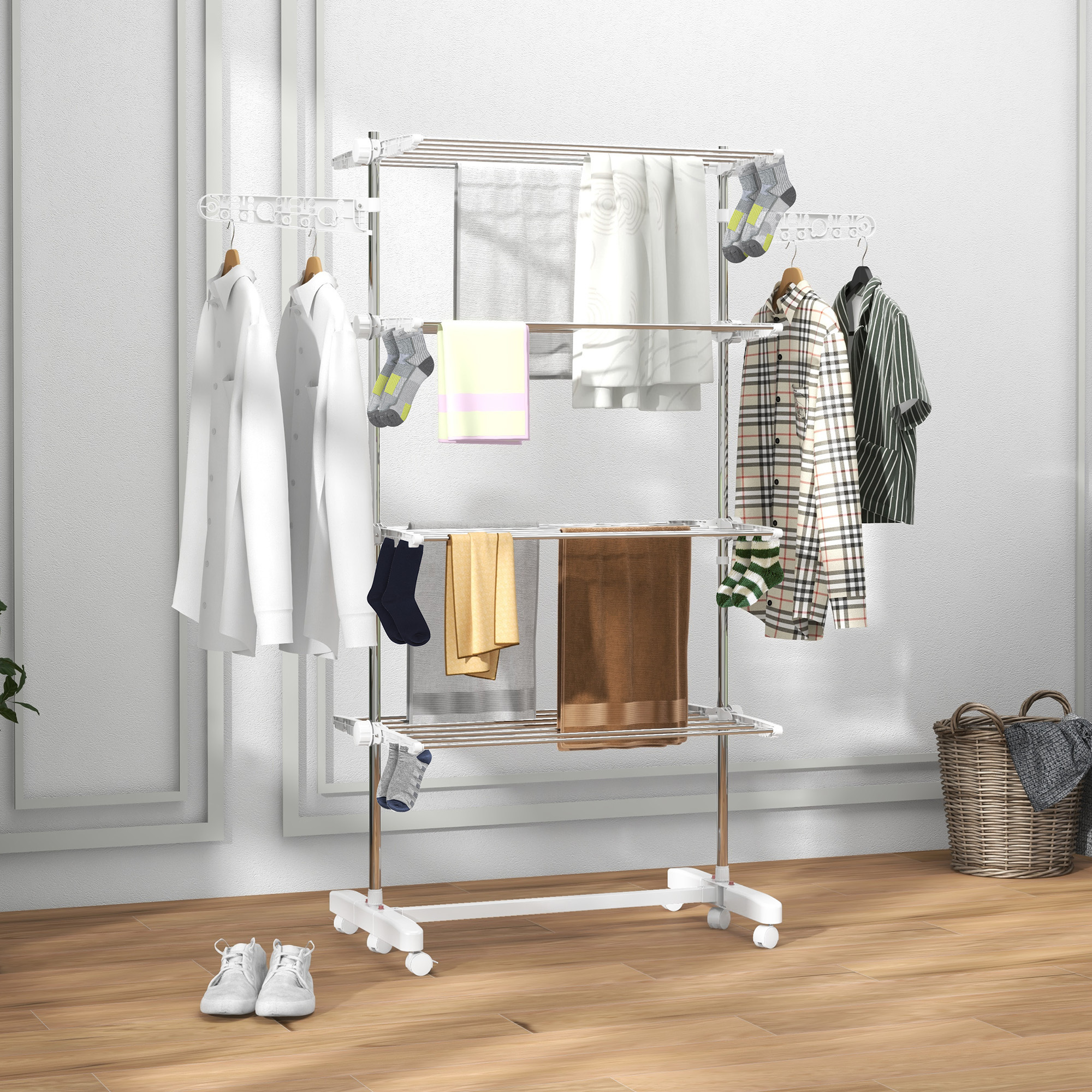 Stand Dryer With , Foldable Wings, Wheels, Tower Laundry Stand For Indoor And Outdoor, 142 X 55 X 172 Cm, White