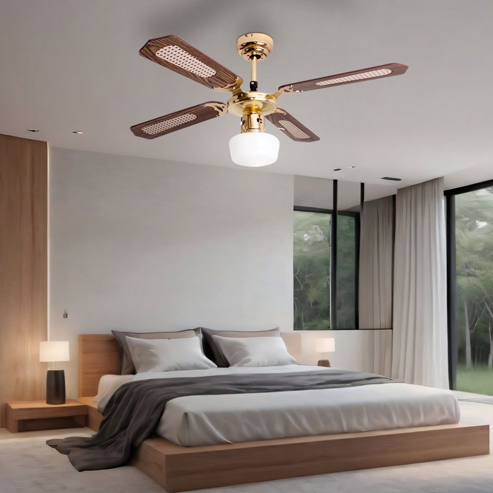 Ceiling Fan With Light, , 3-stage Pull Switch, Opal Glass, Brown, 1x E27, D 105 Cm