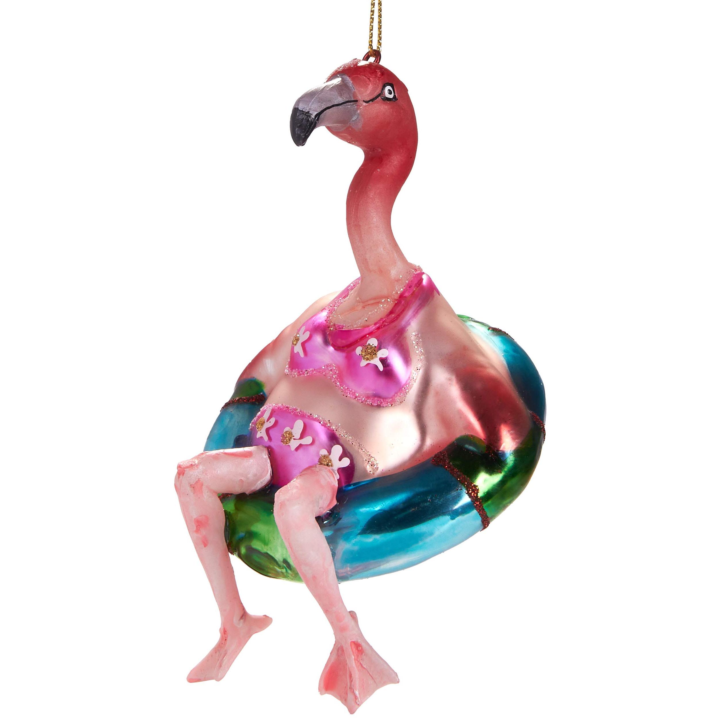 Image of Brubaker Funny Flamingo With Bikini And Swim Ring - Hand-painted Glass Christmas Ball - Mouth-blown Christmas Tree Decoration Figures Deco Pendant Ball - 8.5 Cm