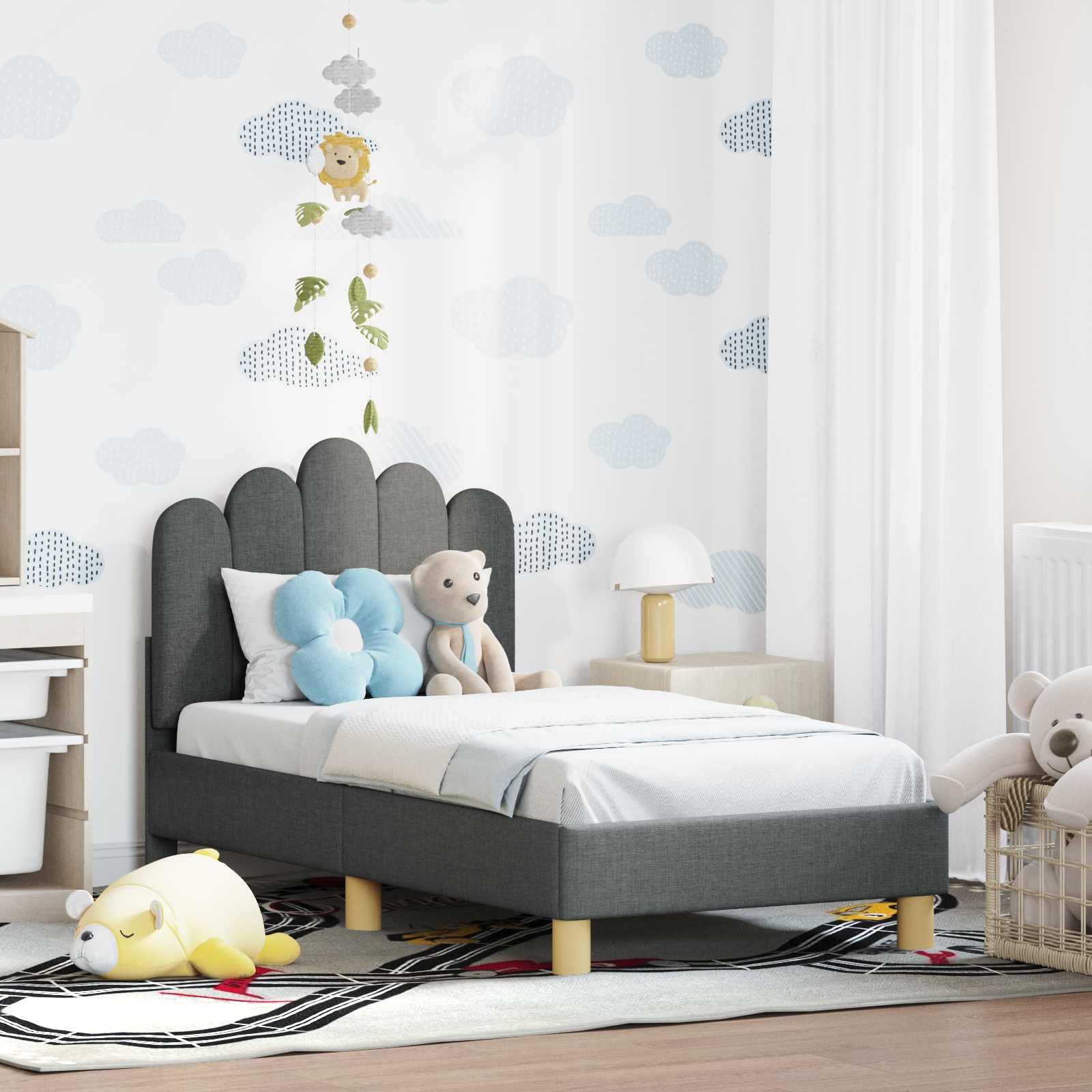 Vidaxl Children's Bed Frame With Headboard, Dark Gray, 70 X 140 Cm, Fabric, Modern Bedroom, Durable Furniture, Rectangular Bed Frame, Minimalist Designs For Simple Spaces