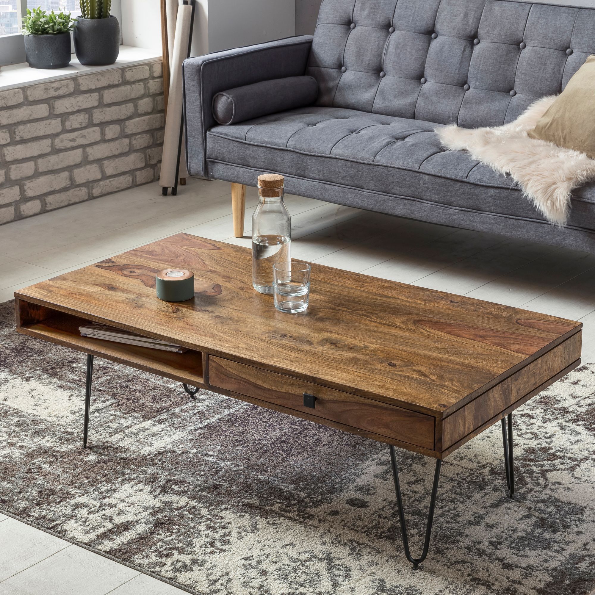 Image of Harlem Solid Wood Coffee Table, 110 Cm Wide, Living Room Table With Metal Legs, Farmhouse Style, Side Table With Drawer