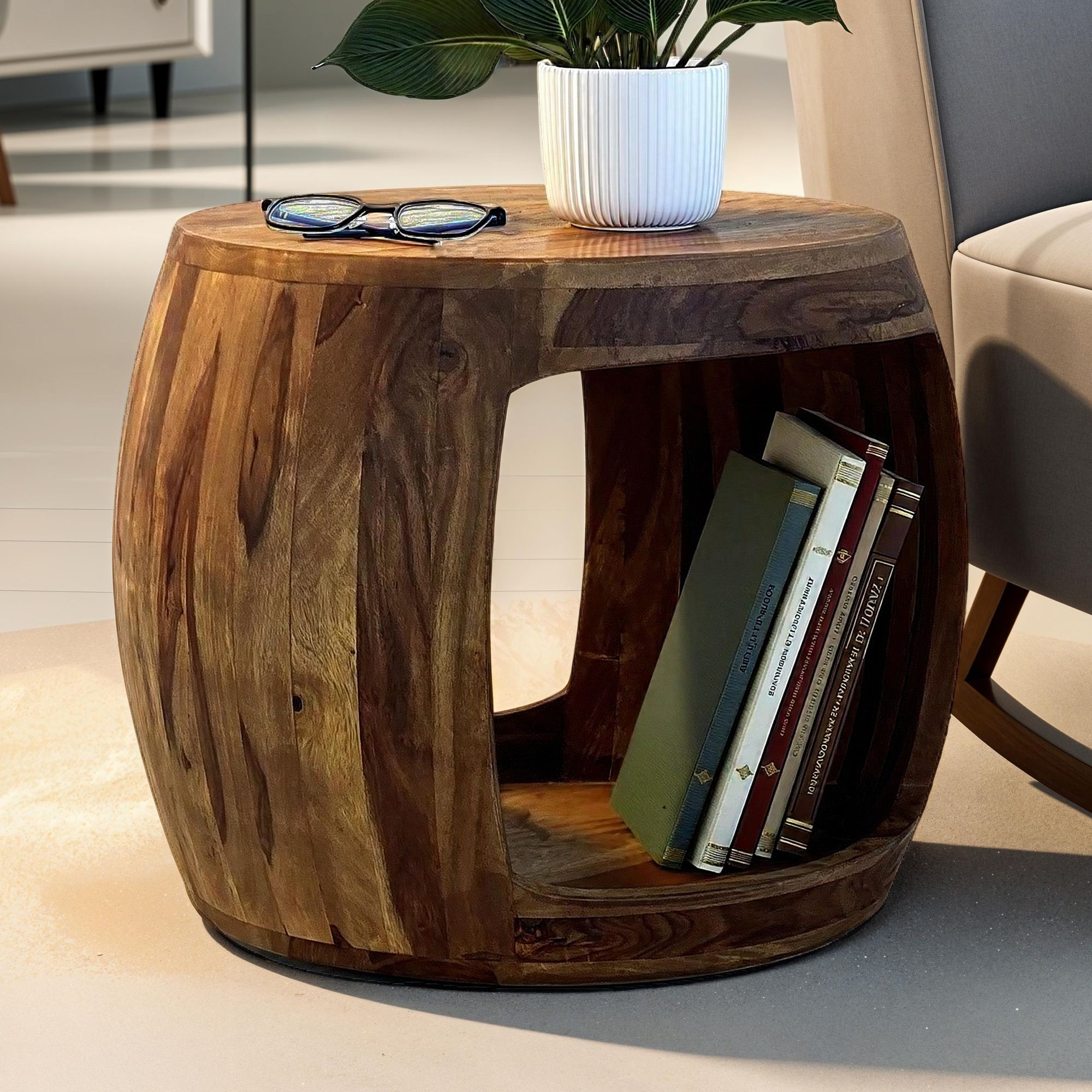 Side Table Ø 50cm Solid Wood Round With Storage Compartment – Table Made Of , Living Room Table In Natural Design