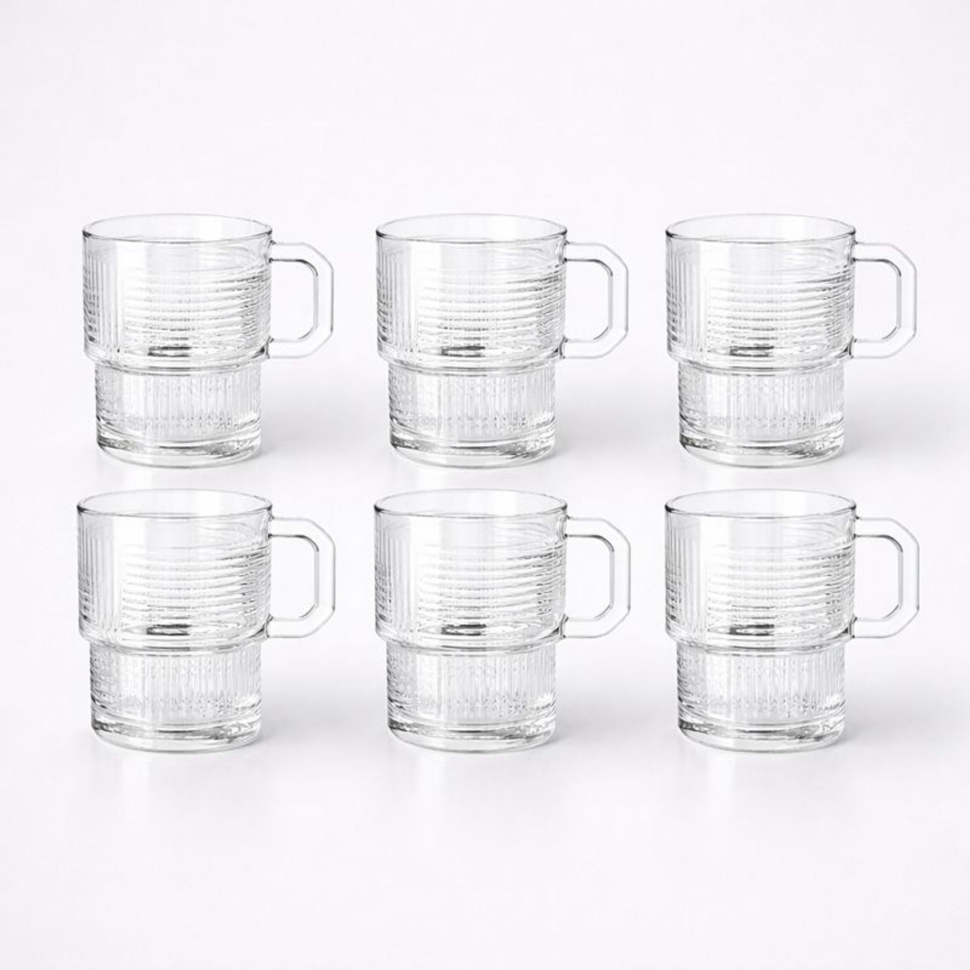 TEMU LAV | Set de 6 vasos con asa de 270cc para café o bebidas calientes, vasos transparentes apilables, diseño texturizado moderno con múltiples