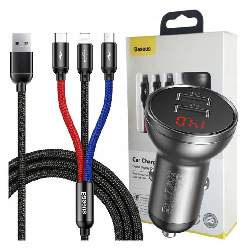 Baseus 24w Car Charger With Display + Usb Cable 3-in-1 Baseus 3 Colors 1.2m, Fast Charging, Universal Compatibility, High-quality Materials