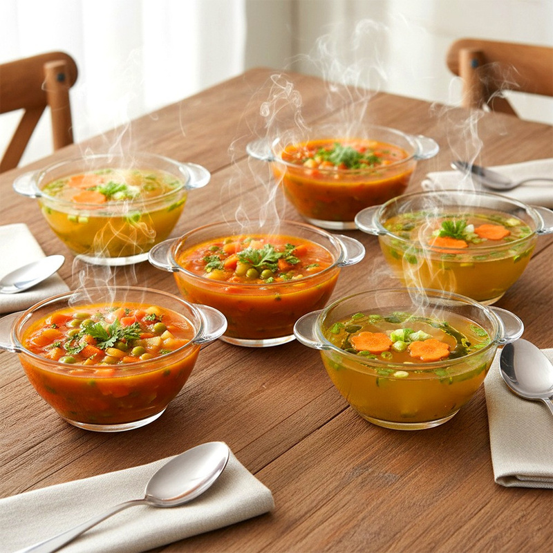 TEMU Set Of 6 Glass Soup Bowls, 420 Ml, Transparent, With Handles, For Soups, Creams, , Serving Cereals, Yogurts, Fruits, Salads, Snacks, Dishwasher