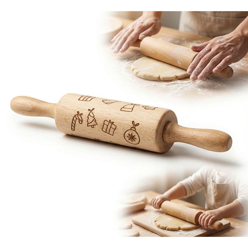Image of Wooden Rolling Pin For Kids, 21 Cm, With Christmas Engraving, For Gingerbread