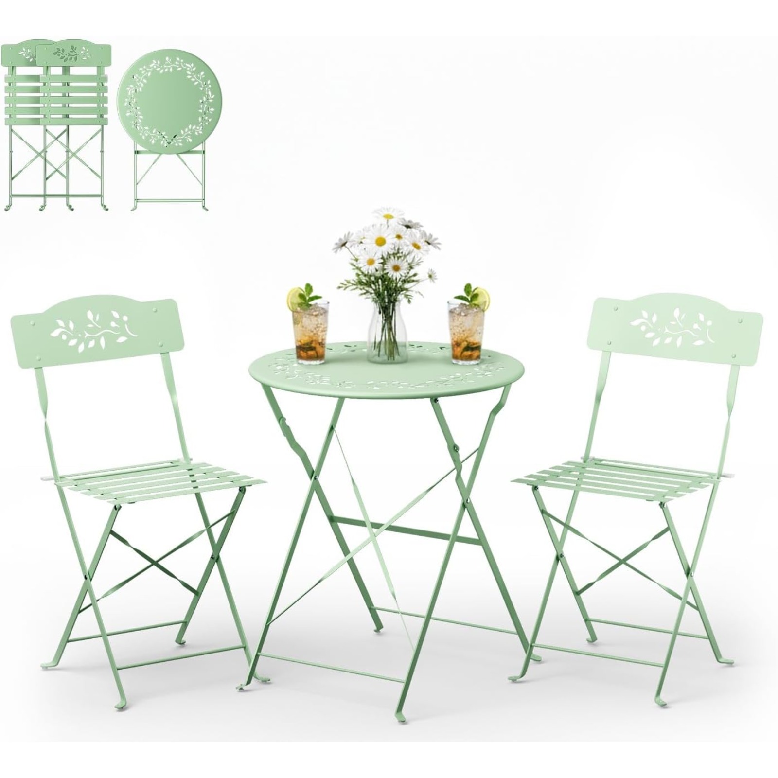 TEMU Bonnlo 3pcs Bistro Set Made Of Steel With/without Seat Cushions – Bistro Table With 2 Folding Chairs, Garden Furniture Set, Perforated Design,