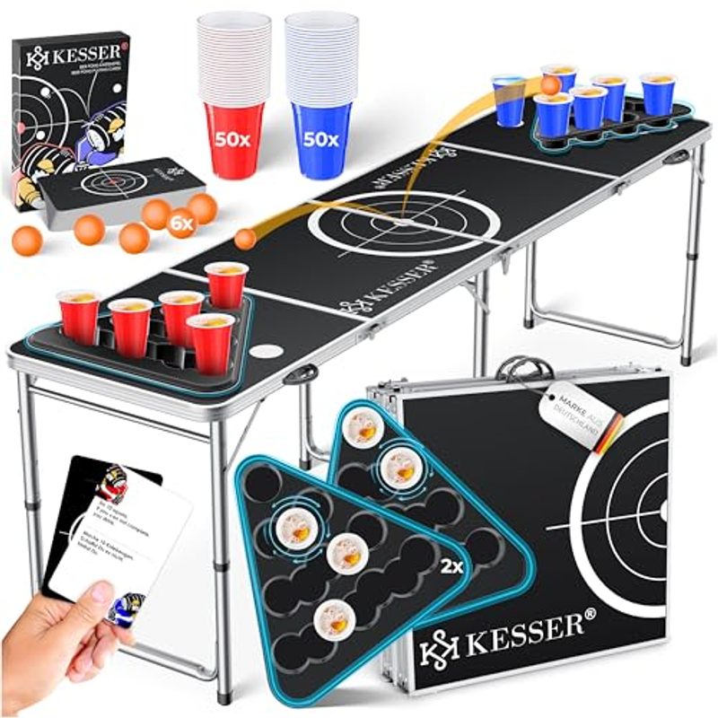 Image of Kesser® Beer Pong Table Set With Card Game Drinking Game - . 100 Cups (50 Red & 50 Blue), 6 Balls + Party Games Table Height Adjustable Foldable Classic + Card Game