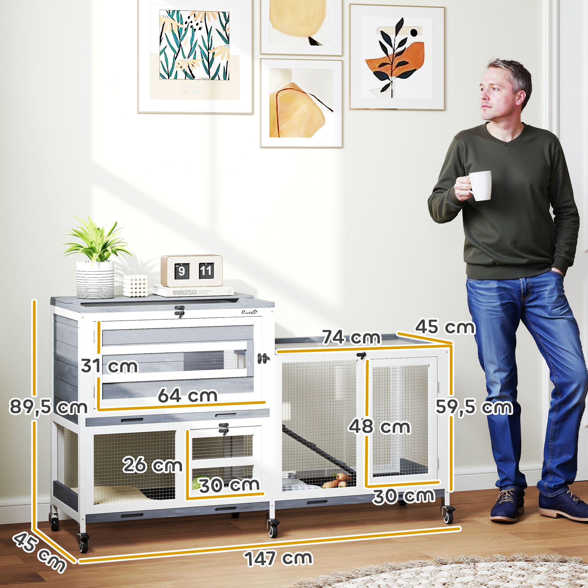 Konijnenhok met 2 verdiepingen, op wielen
