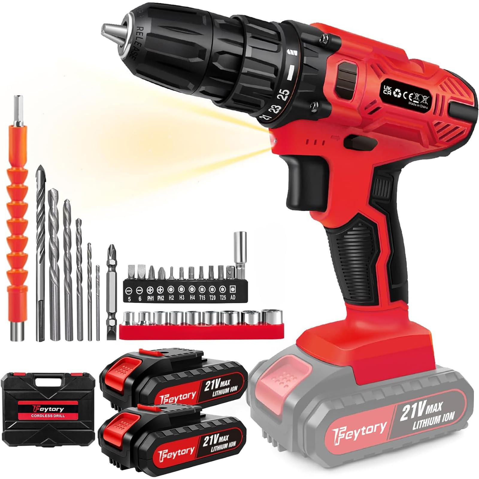 E-shop Akku-Bohrschrauber 21V, 45N.M Akku-Bohrschrauber mit 2 * 1.5Ah Akku, 25+1 Drehmoment-Einstellungen, 29 Zubehörteilen und Koffer, 2