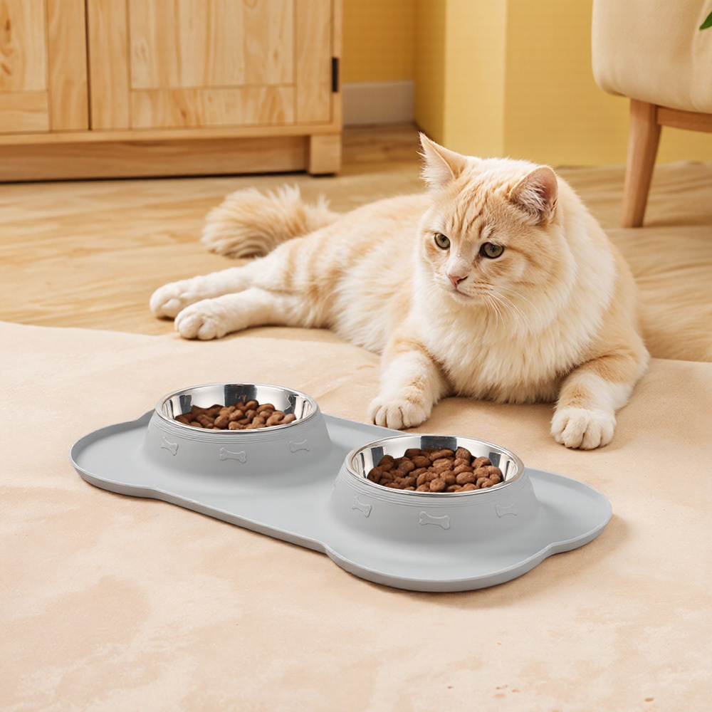 Dog Double Feeding Bowl Cat Food Bowls with Mat Tray for Dogs Cats with Non-slip Bottom Gray 18.5x29.5x3.5cm
