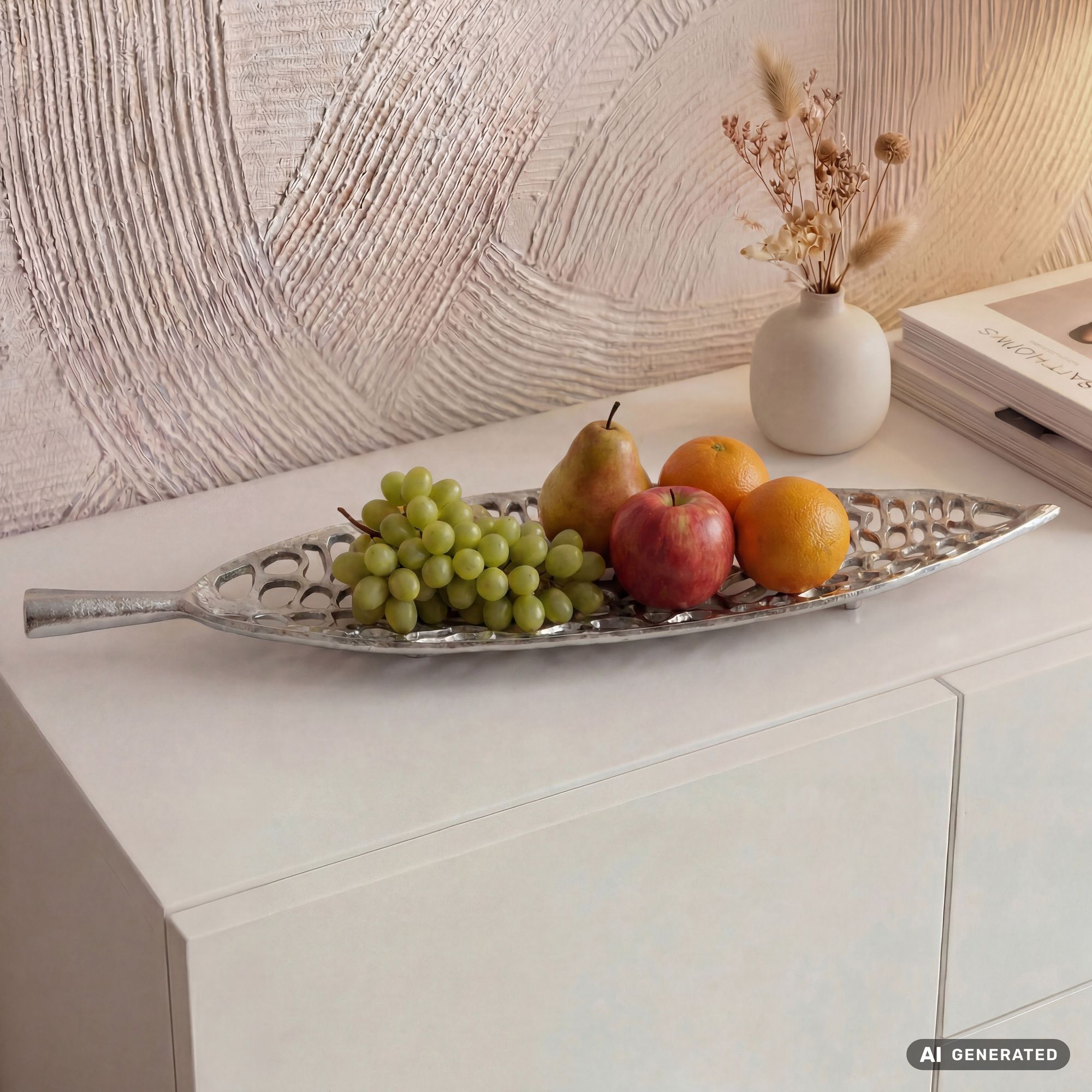 Image of Fruit Bowl Silvery Leaf Bowl Metal 63cm Table Decoration - Modern Fruit Basket Leaf Made Of Aluminum - Elegant Decorative Bowl - Aluminum Fruit Bowl Handmade