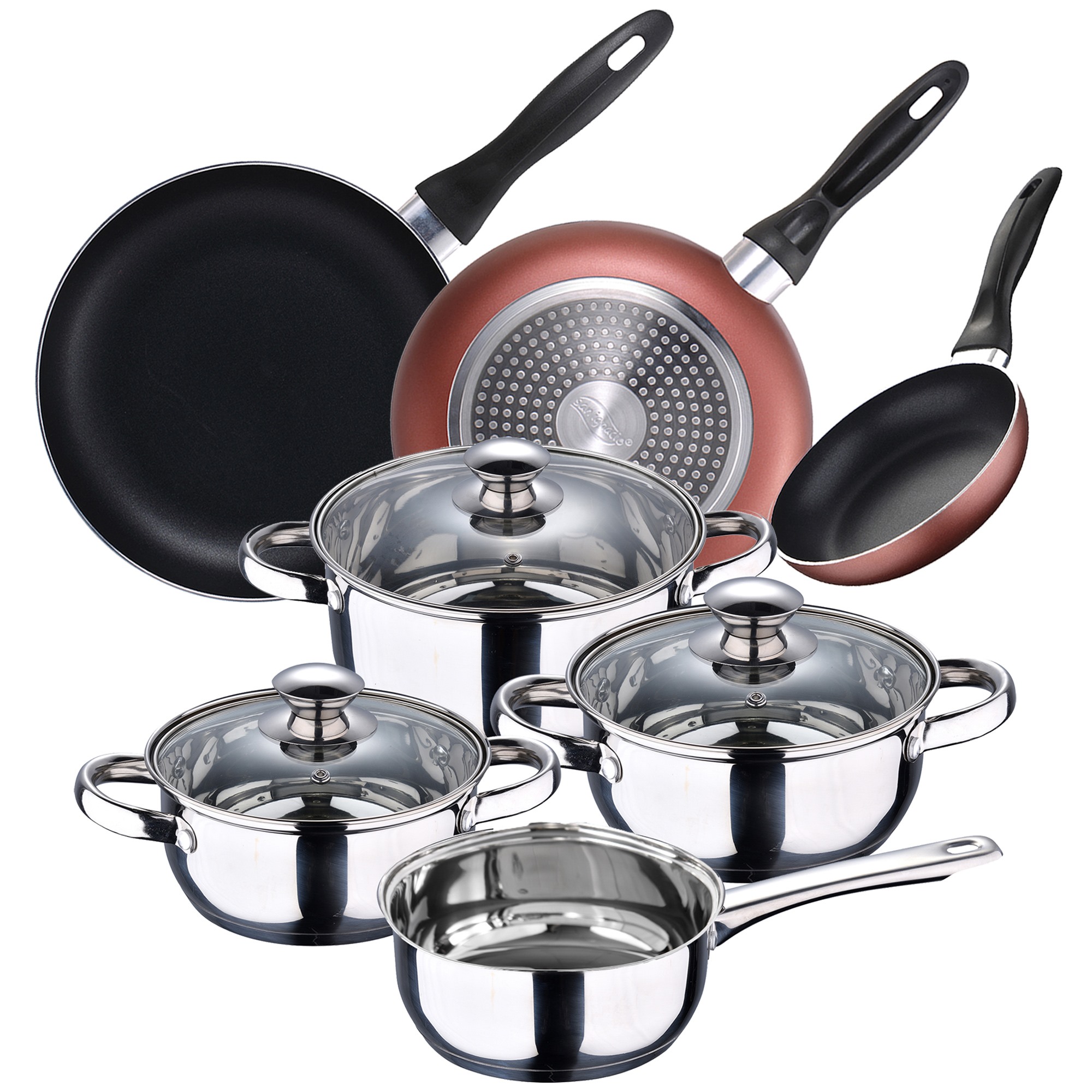 San 7-piece Stainless Steel Cookware Set + 3-piece Pressed Aluminum Frying Pan Set (ø16/20/24 Cm), Induction Compatible