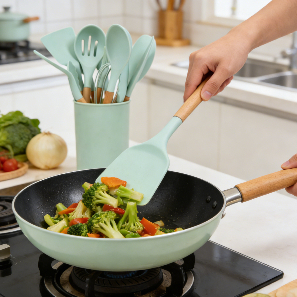 TEMU 11pcs Wooden Handle Kitchen Utensil Set, With Storage Bucket, Complete Set Of Household Kitchen Cooking Tools, Pan Spatula, Ladle, Tongs,