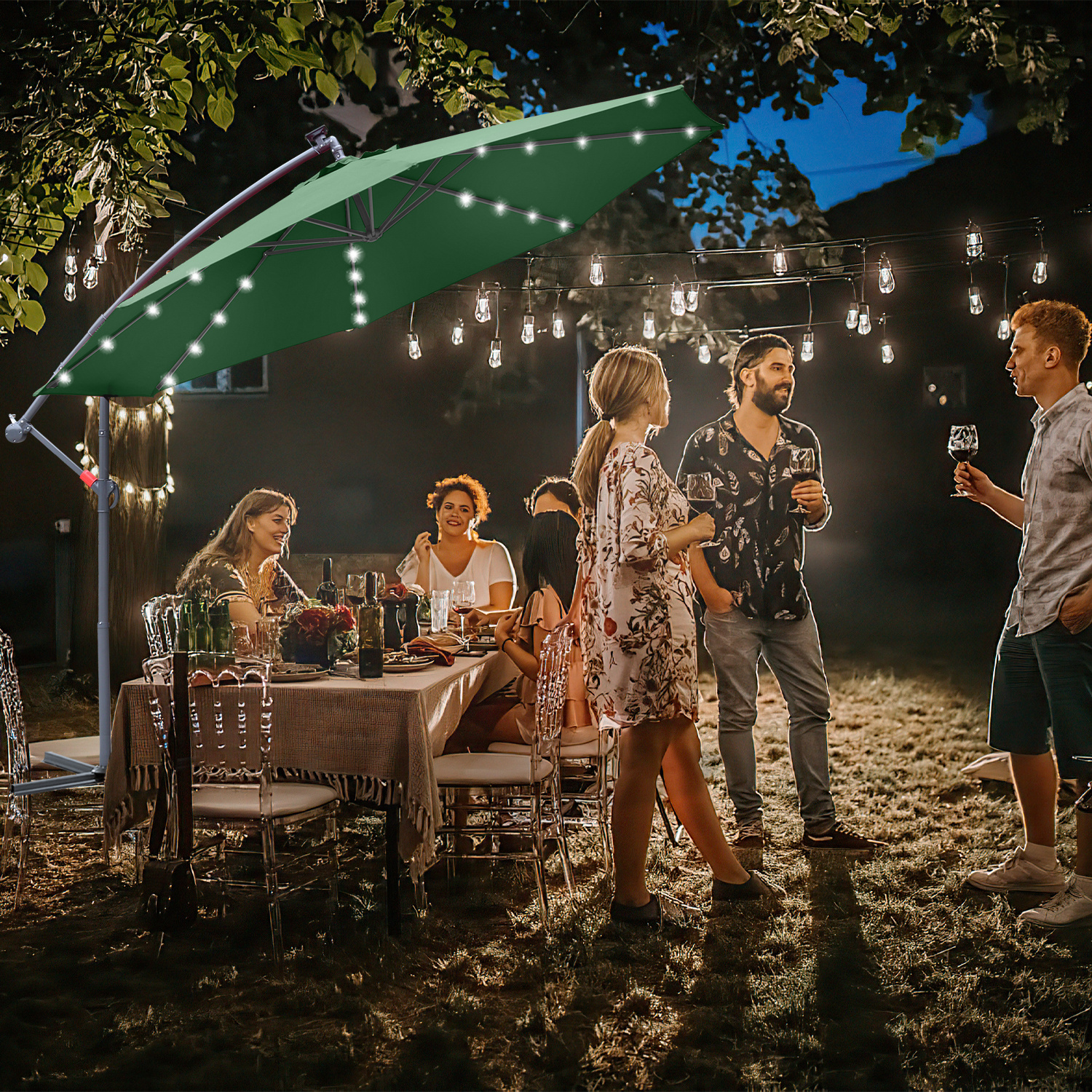 Parasol, parasol cantilever, avec support et lumière, protection solaire, protection UV jusqu'à UV30+, ouverture et fermeture faciles, pour jardin, terrasse, 300 cm